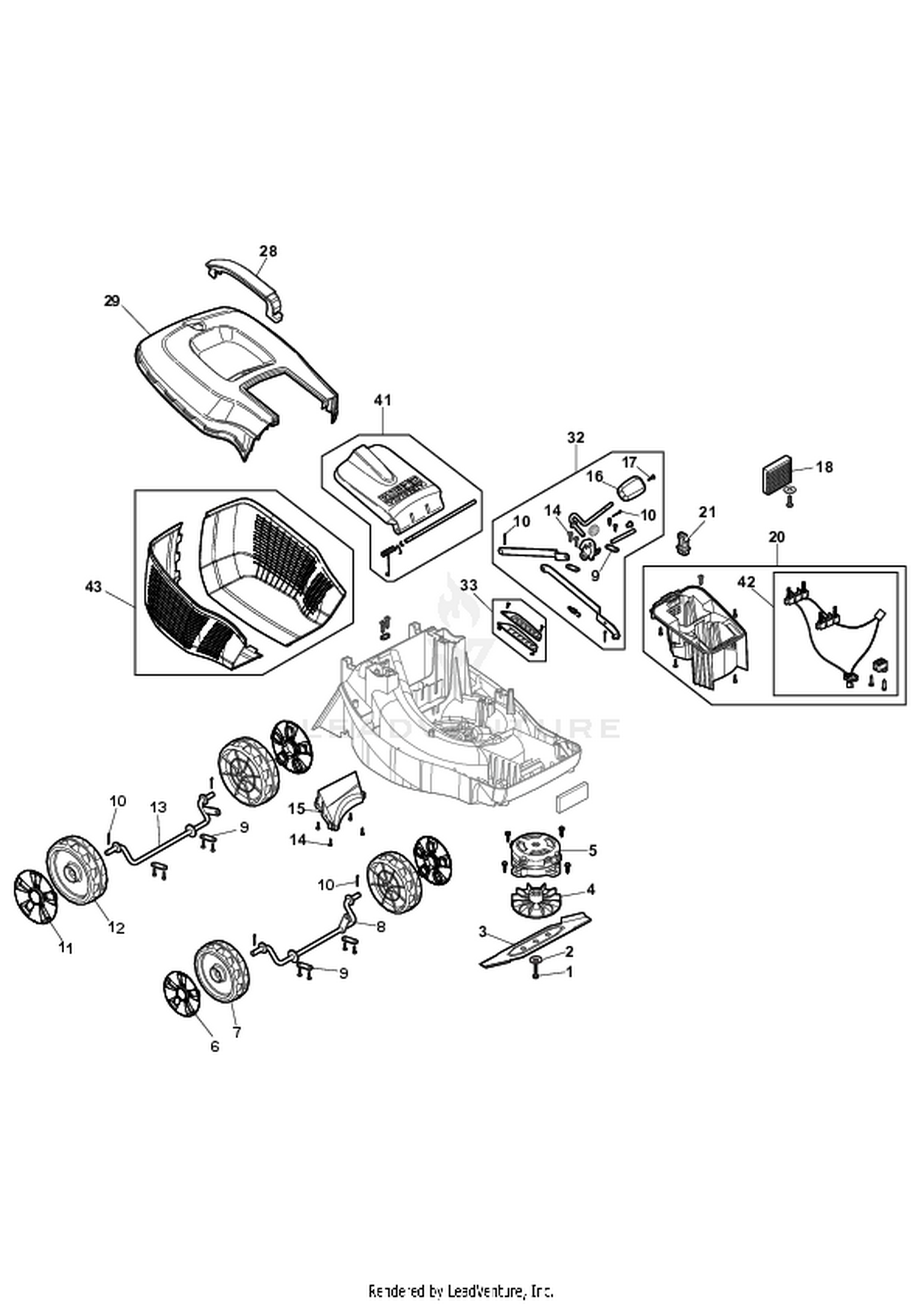 Wheels, Blade, Motor, Grasscatcher
