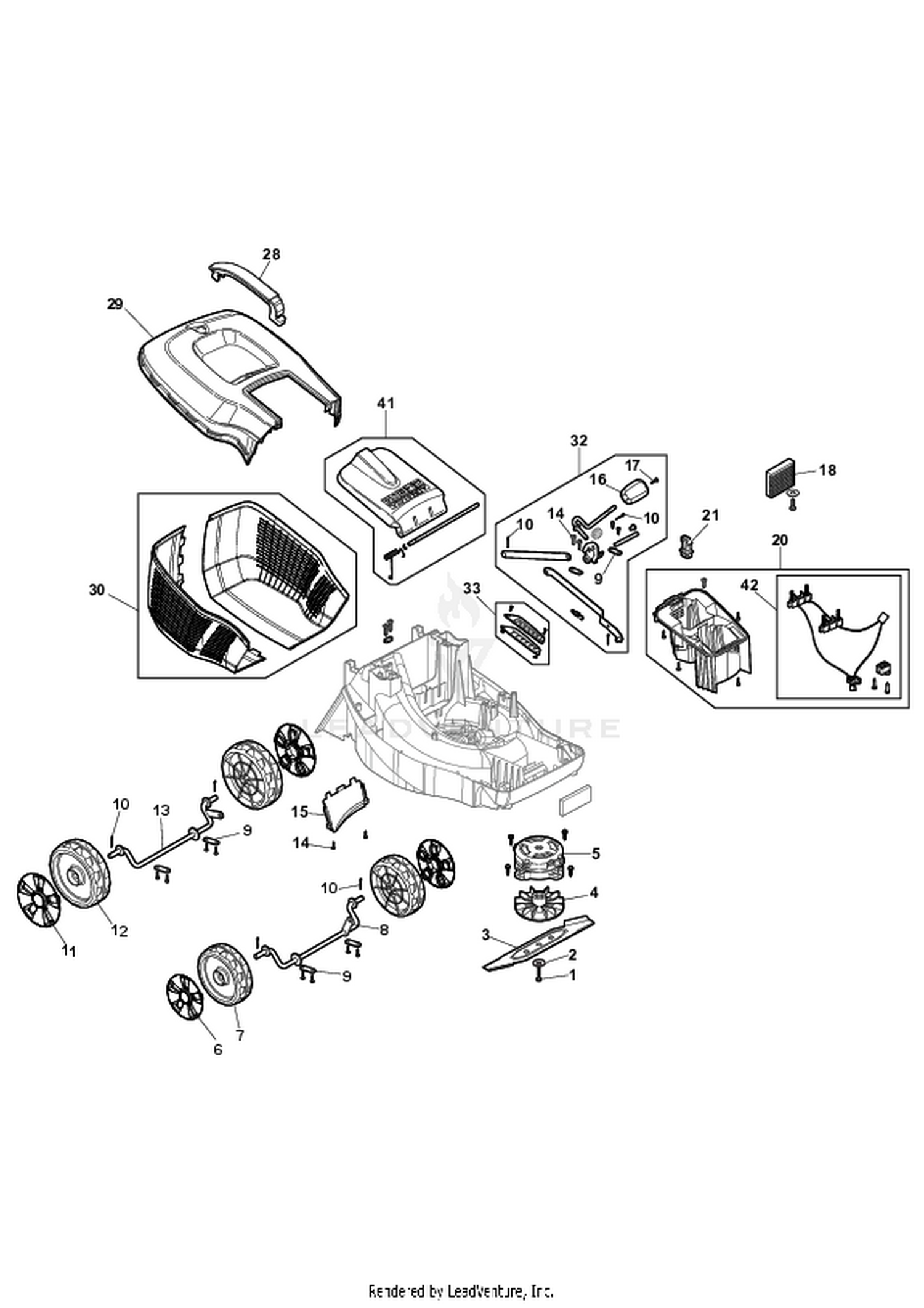 Wheels, Blade, Motor, Grasscatcher