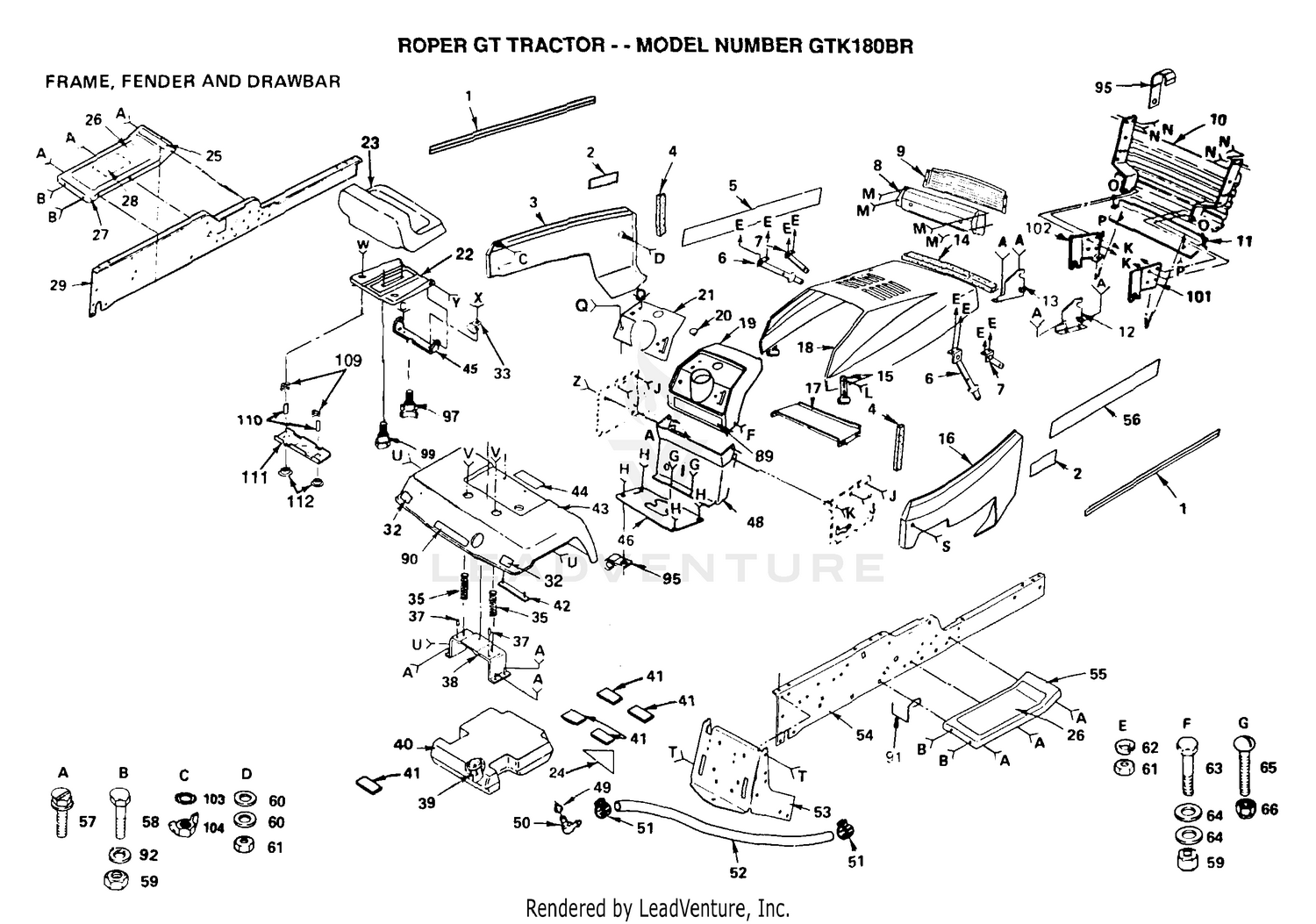 FRAME, FENDER, SEAT, DRAWBAR