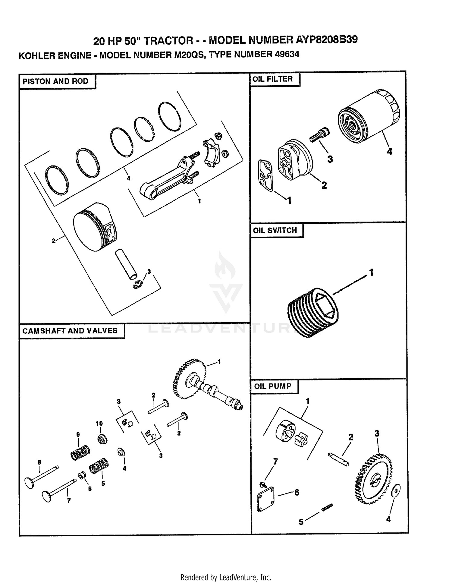 KOHLER ENGINE-PISTON AND ROD/CAMSHAFT AND VALVES/OIL FILTER/LOW OIL PRESSURE SWITCH/OIL PUMP