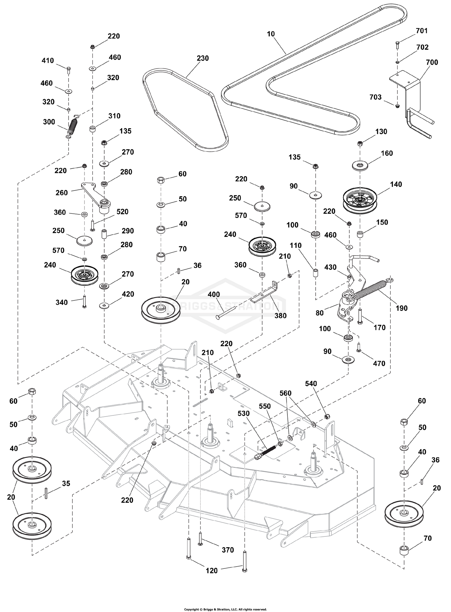 61" Mower Deck - Pulleys, Belts & Idler Arms (2 Belt System) S/N: 4002411632 and Above