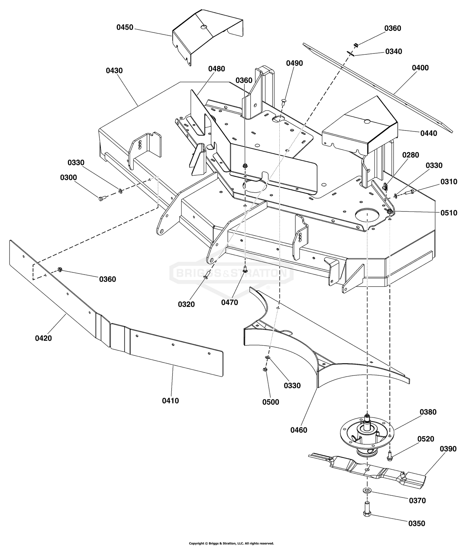 52" Mower Deck - Housing, Covers, Spindles, & Blades (Rear Discharge) S/N: 2017753322 & Above