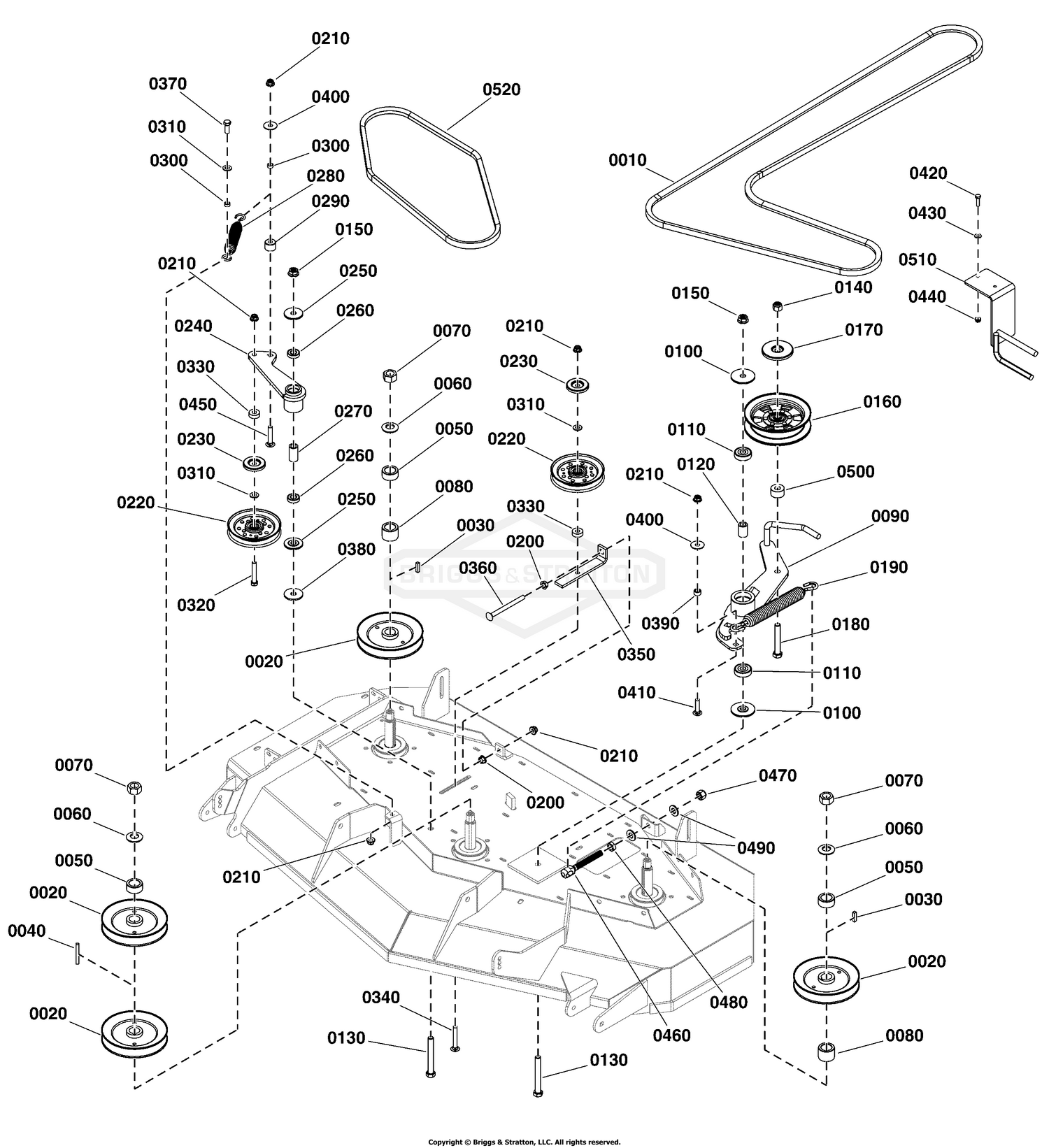 52" Mower Deck Group - Pulleys, Belts & Idler Arms (2 Belt System)