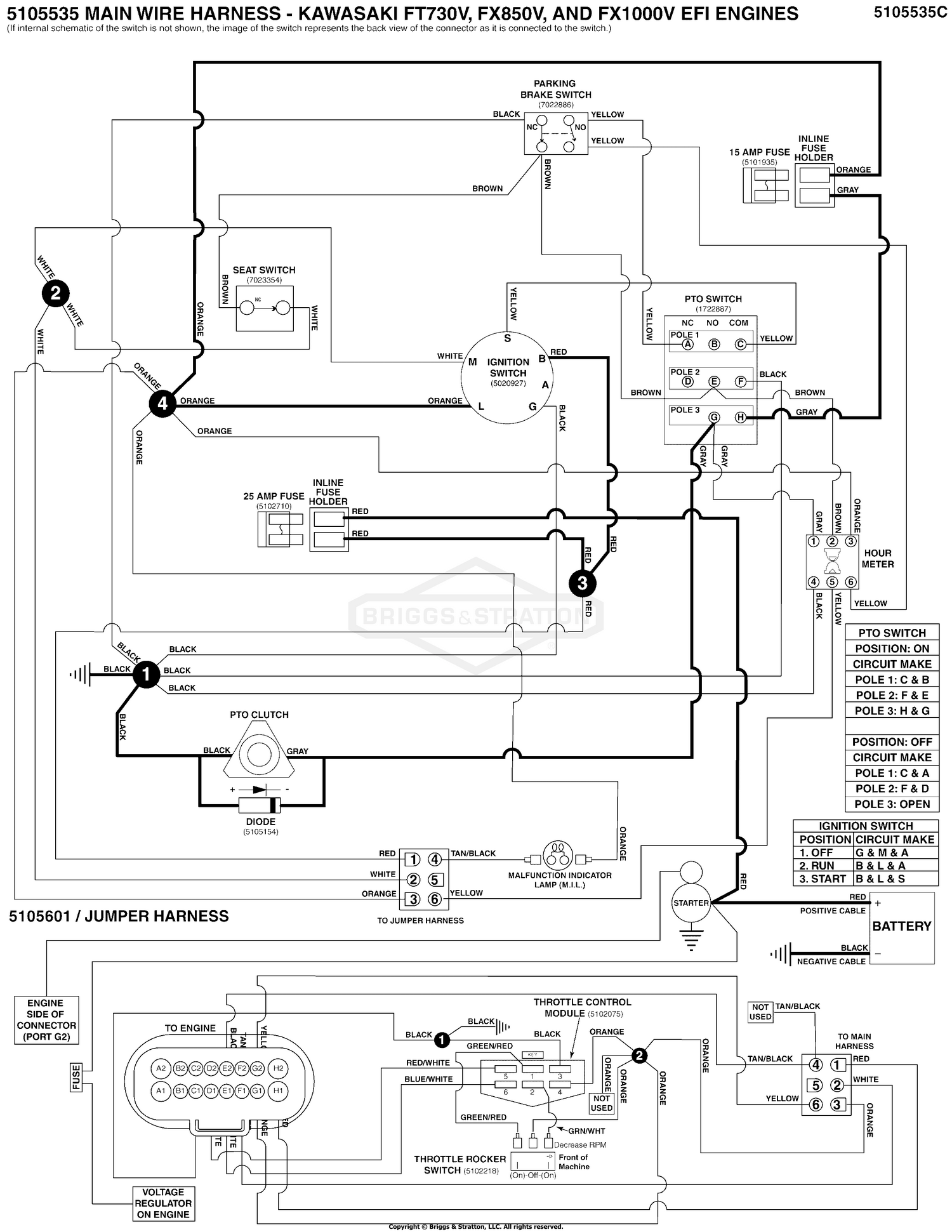 Electrical Schematic - PTO Clutch Circuit - Kawasaki FT730V, FX850V, and FX1000V - S/N: 4002328396 and Below