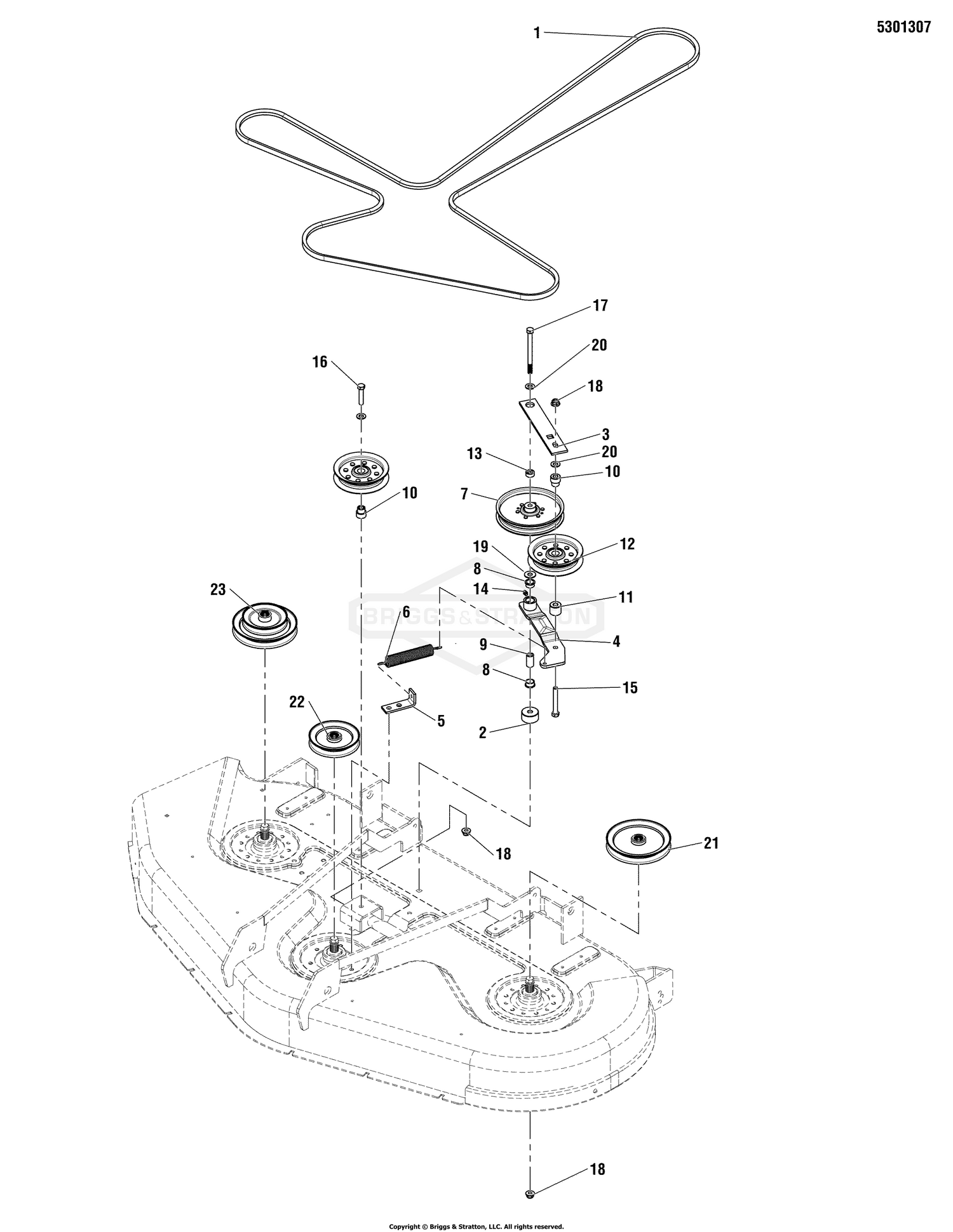 54" Mower Deck - Pulleys, Belt & Idler Arm Group