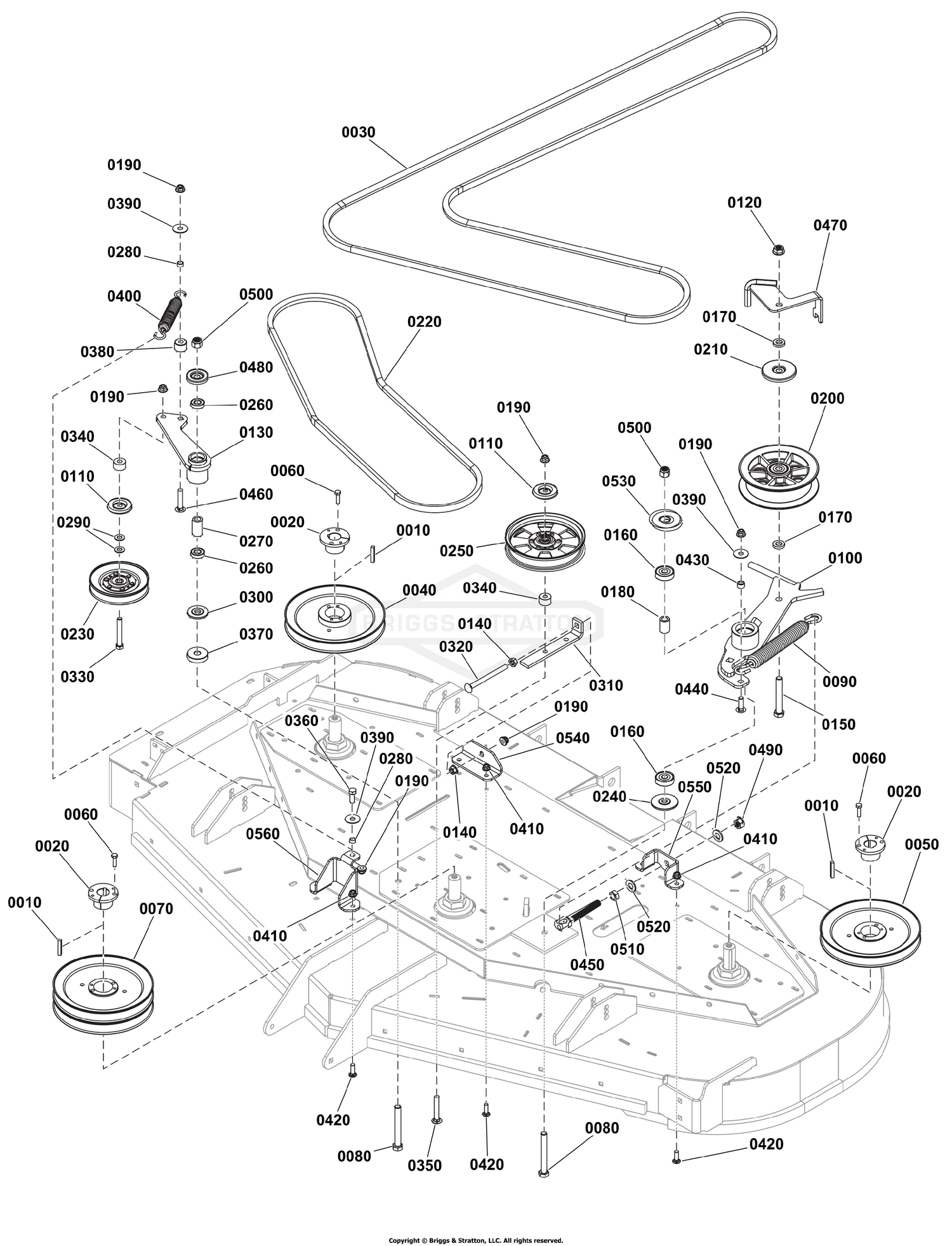 72" iCD+ Mower Deck Group - Pulleys, Belts, and Idler Arms - 2 Belt System