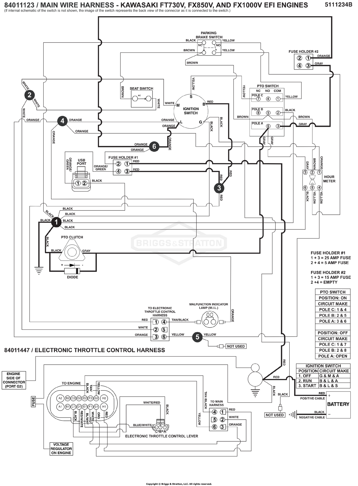 Electrical Schematic - PTO Clutch Circuit - Kawasaki FT730V, FX850V, and FX1000V - S/N: 4002328397 and Above