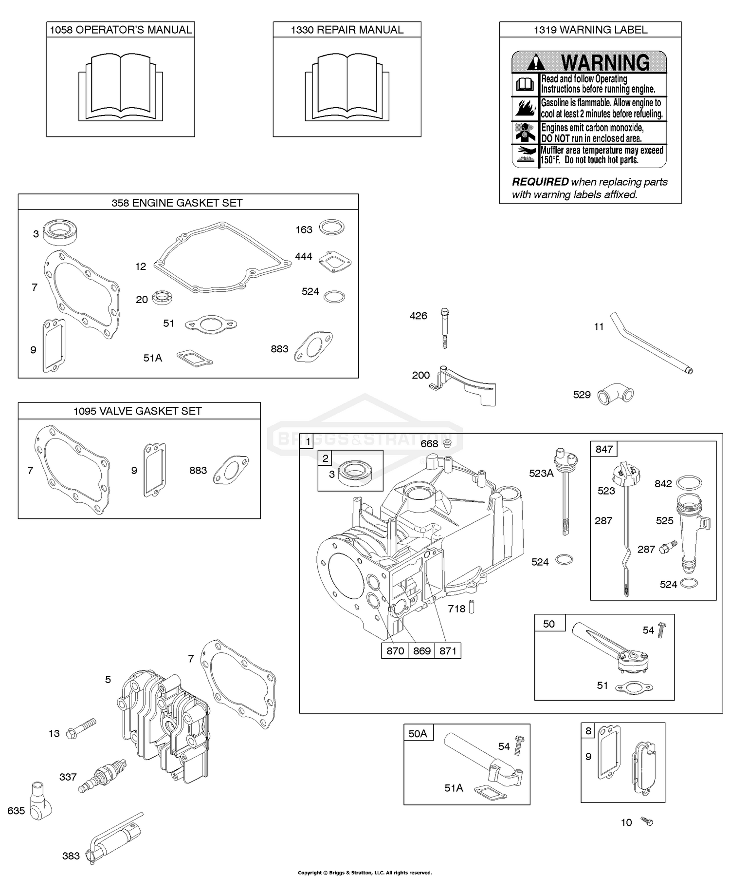 Briggs and Stratton 098982-1650-E1 Cylinder, Cylinder Head, Gasket Set -  Engine, Gasket Set - Valve, Lubrication, Operator's Manual, Warning Label