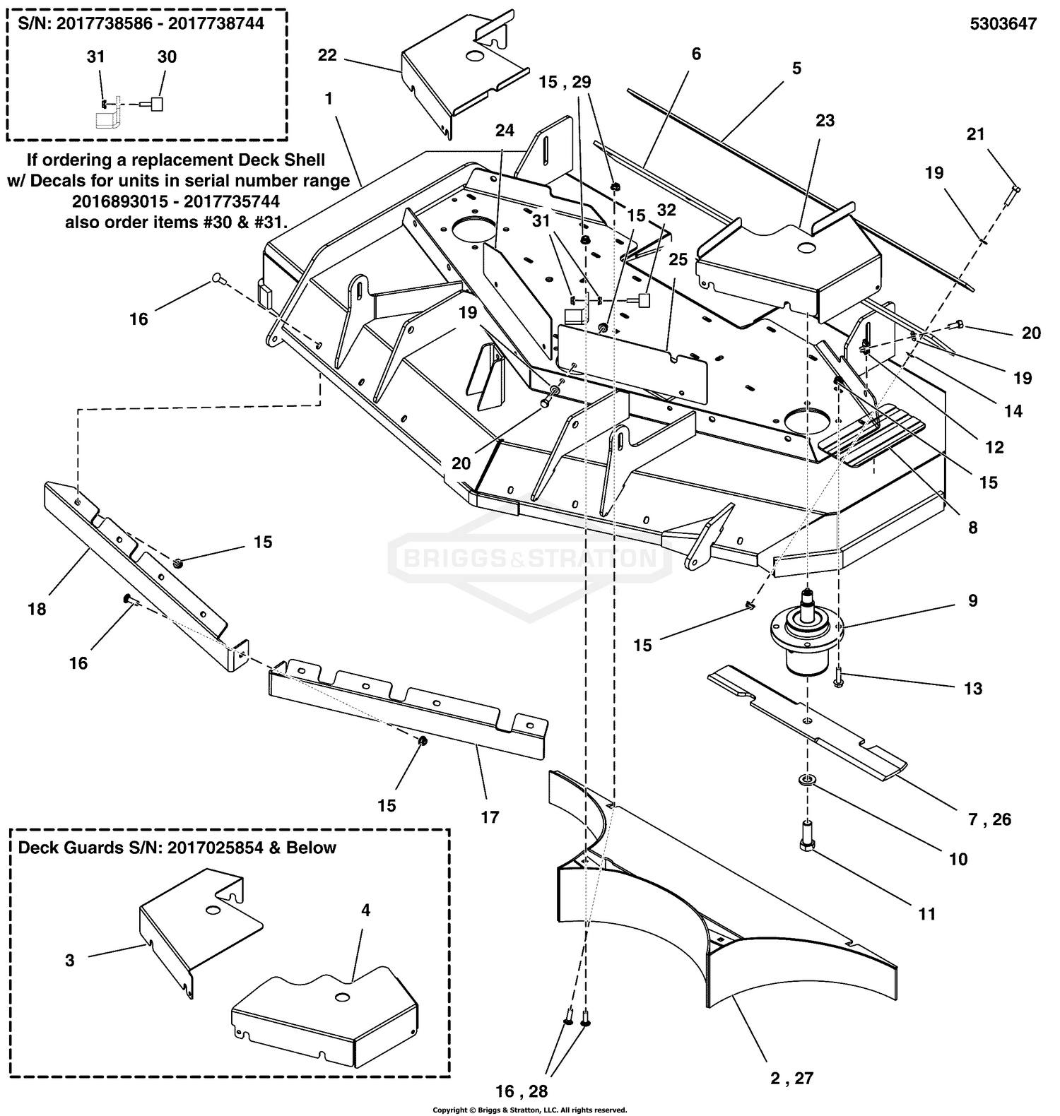 52" Mower Deck - Housing, Covers, Spindles & Blades - Rear Discharge