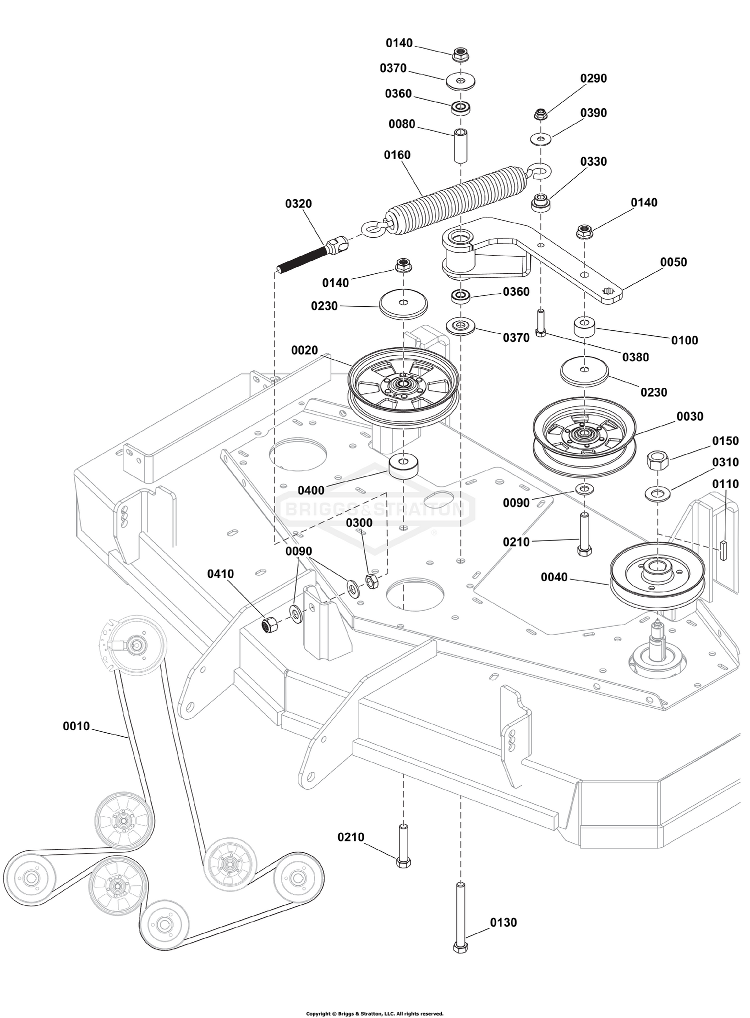 48" Mower Deck Group - Pulleys, Belt, and Idler Arm