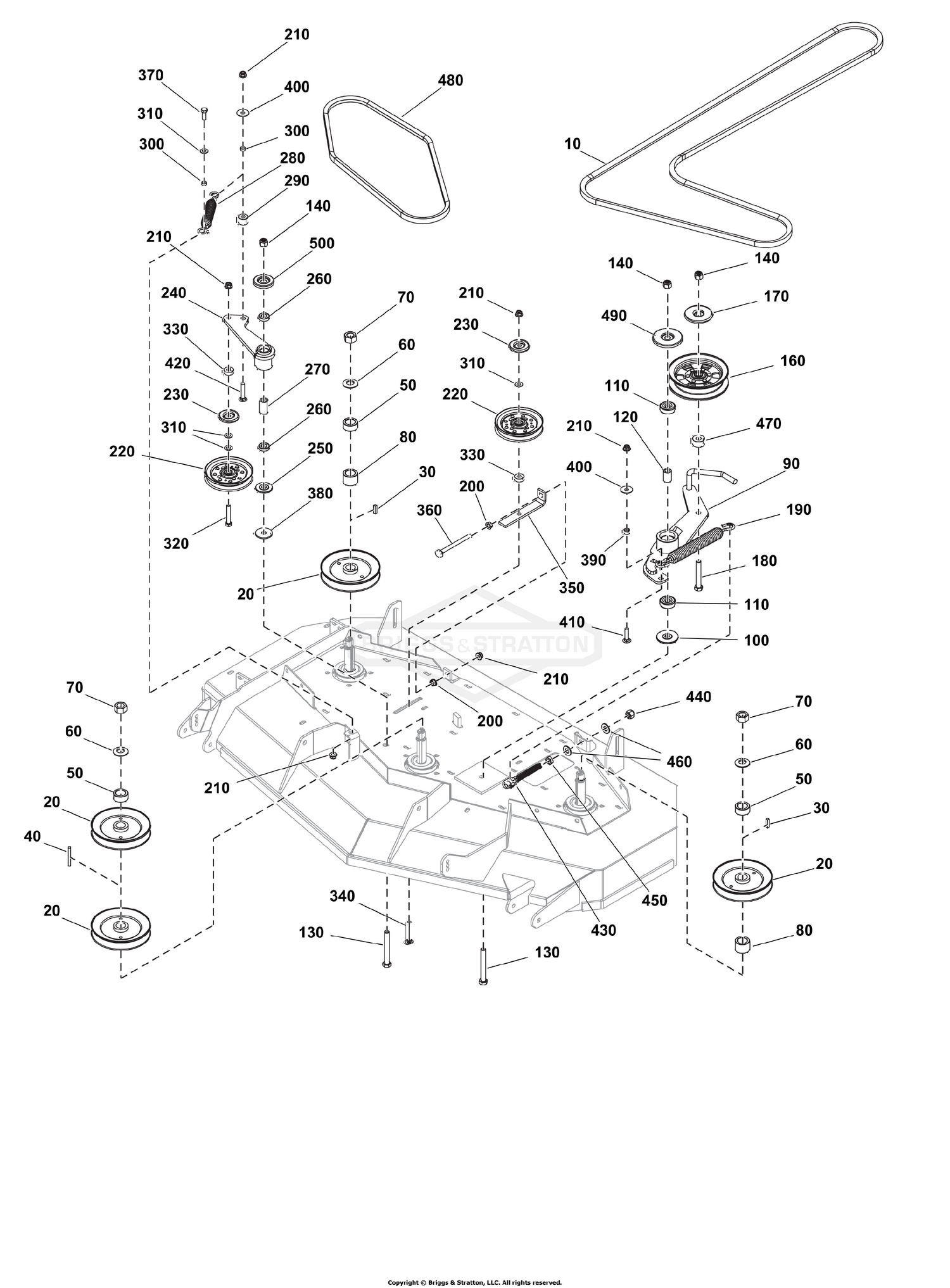52" Mower Deck Group - Pulleys, Belts, and Idler Arms