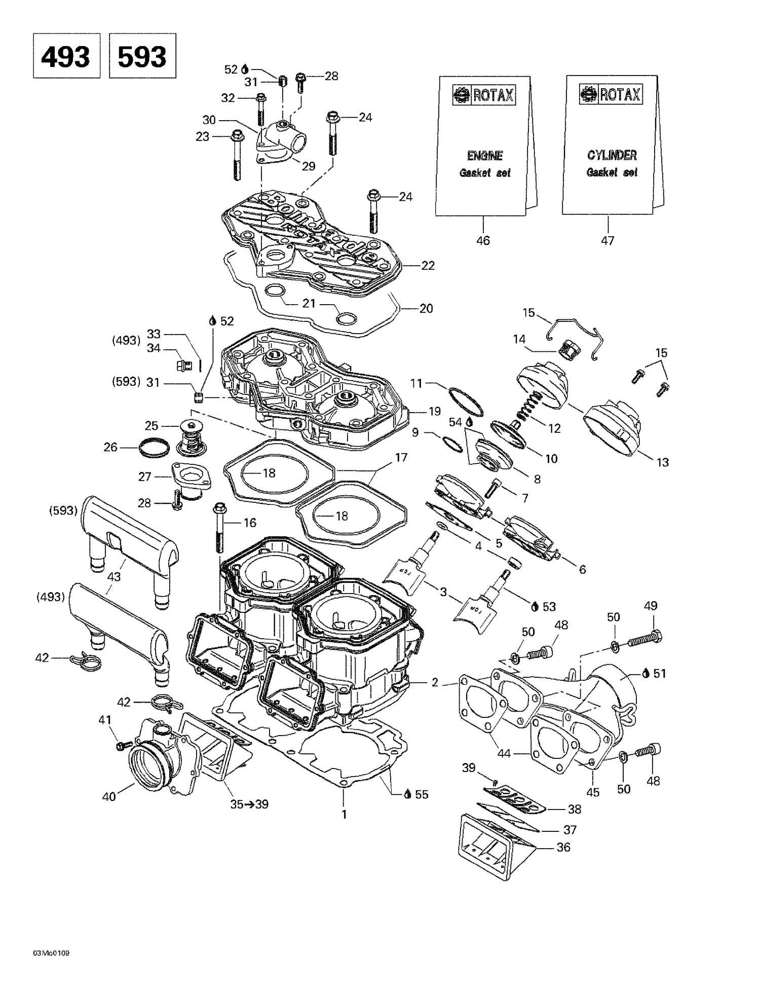 01- Cylinder, Exhaust Manifold, Reed Valve (493, 593)