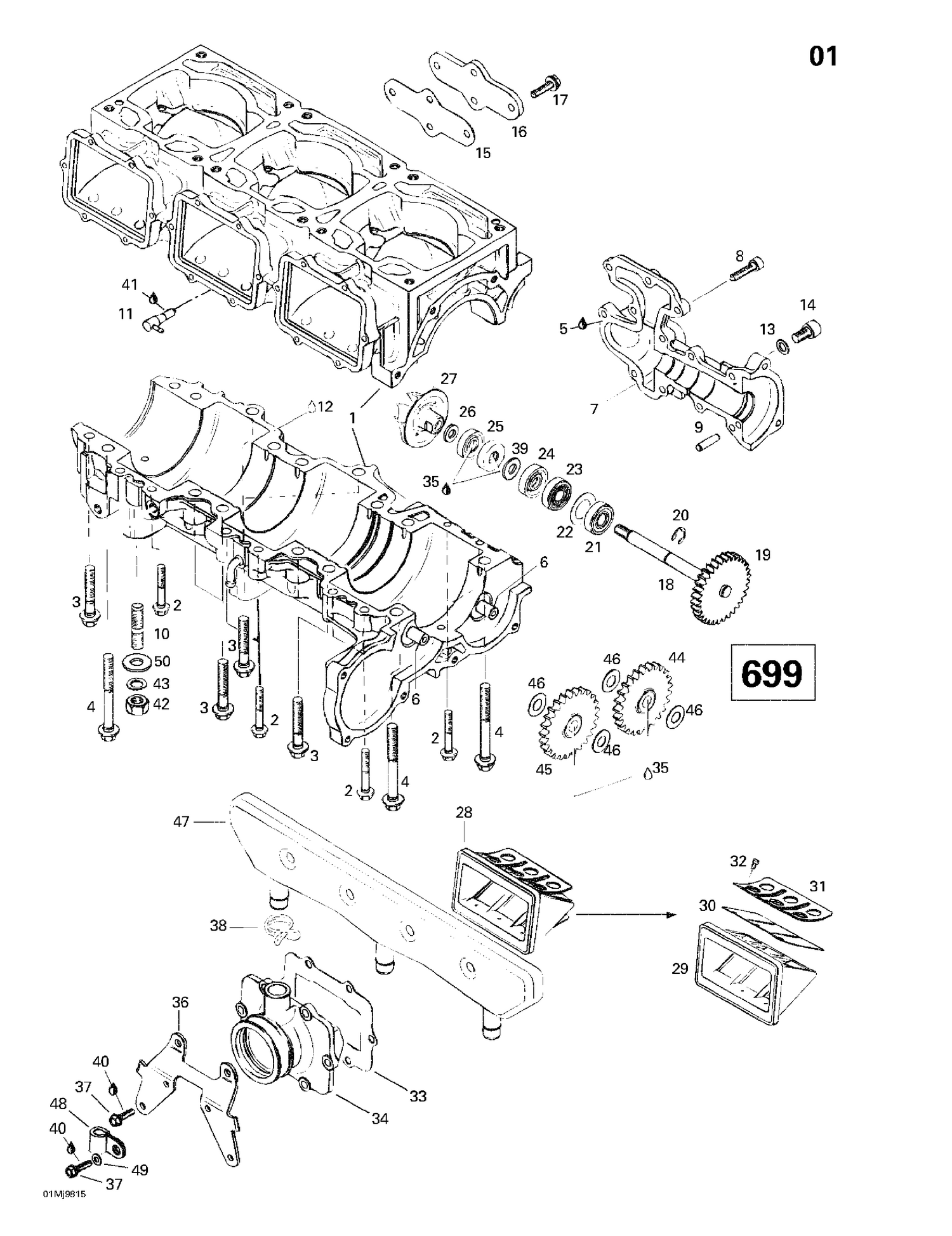 01- Crankcase, Reed Valve, Water Pump (699)