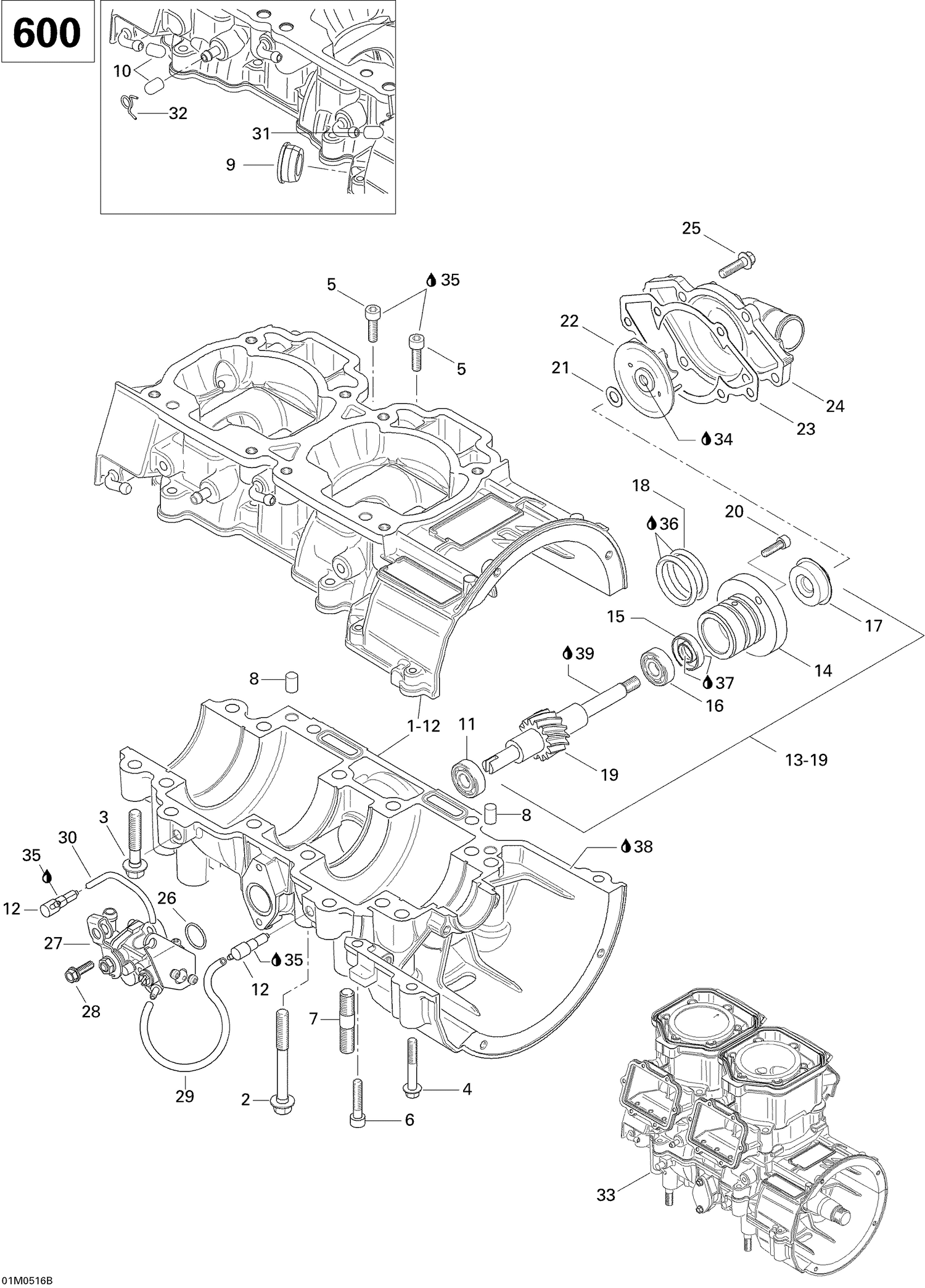 01- Crankcase, Water Pump And Oil Pump (600)