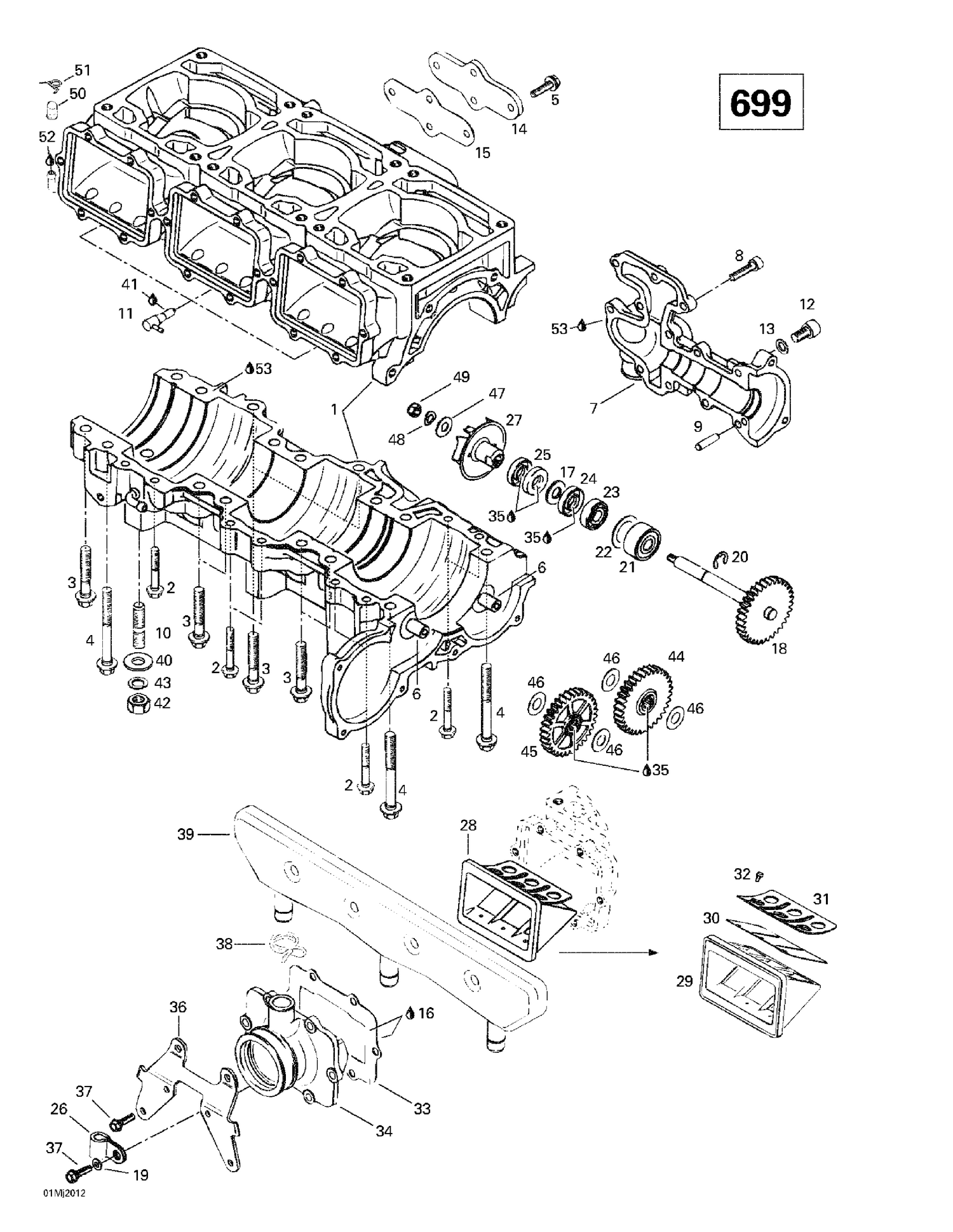 01- Crankcase, Reed Valve, Water Pump (699)