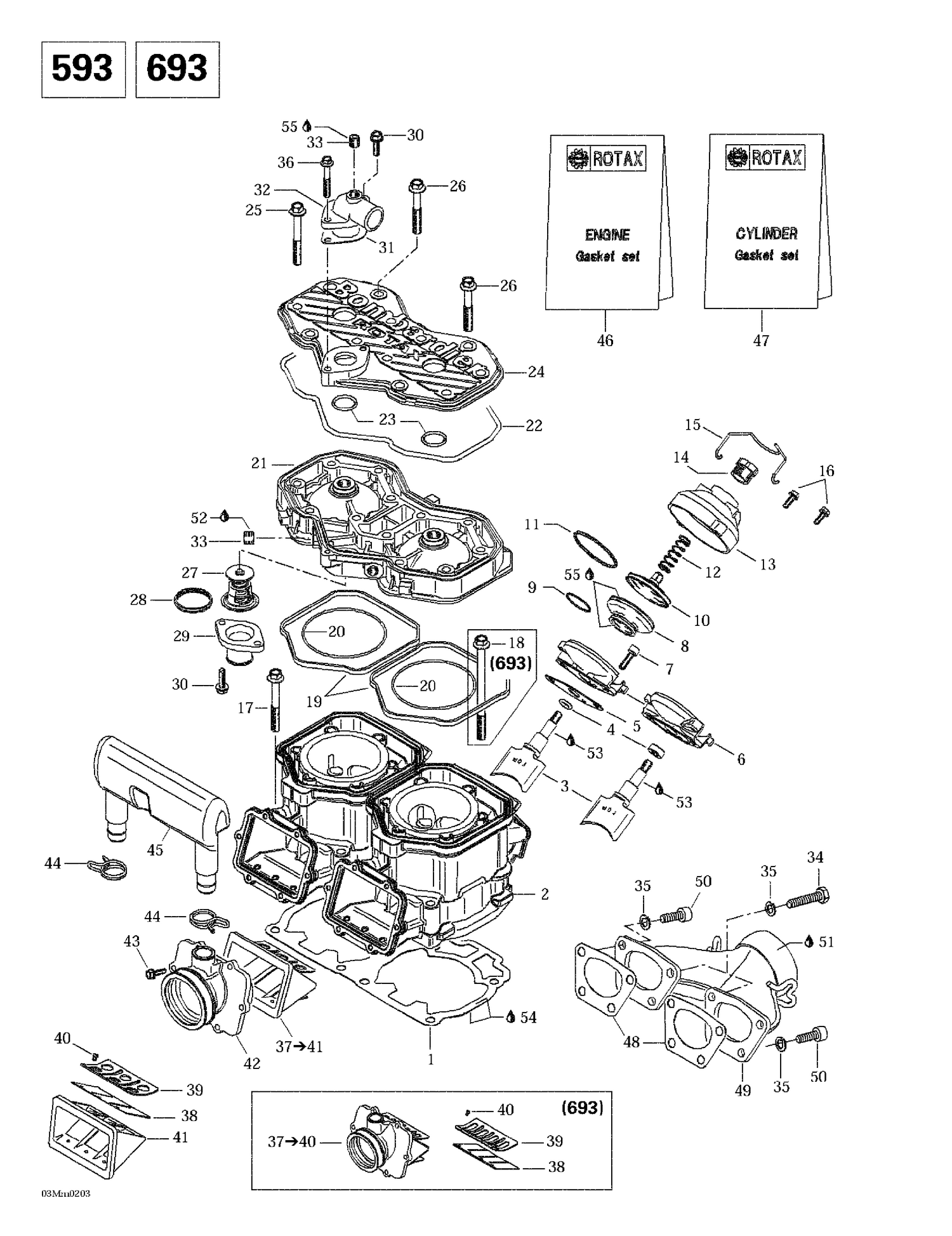 01- Cylinder, Exhaust Manifold, Reed Valve (593