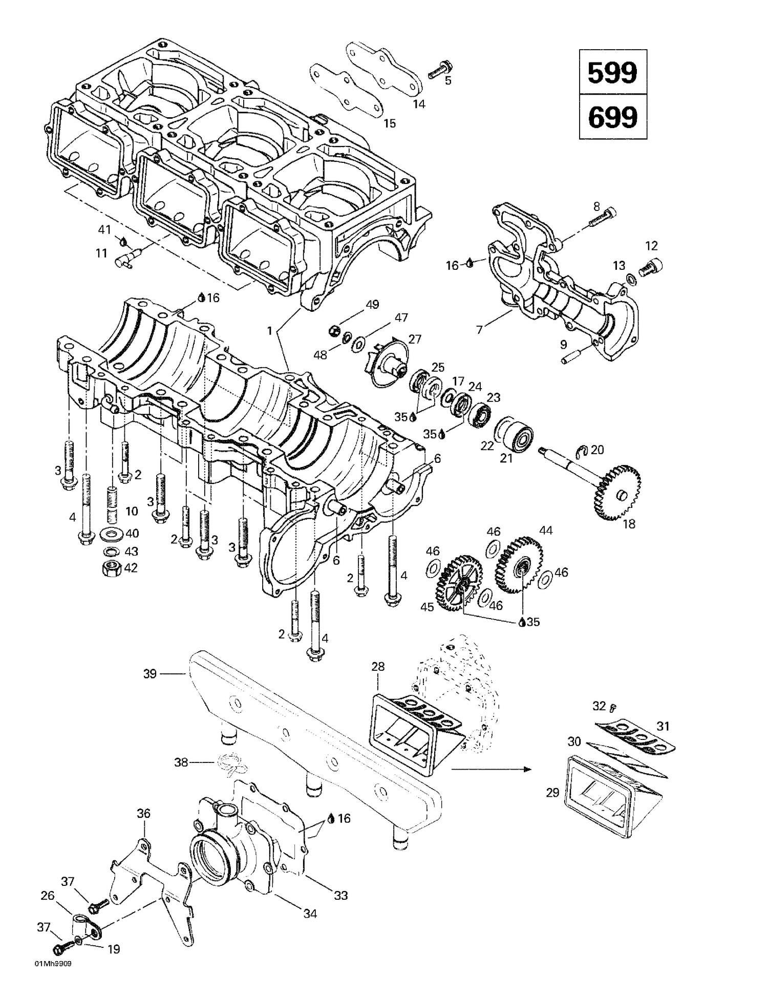01- Crankcase, Reed Valve, Water Pump (599, 699)