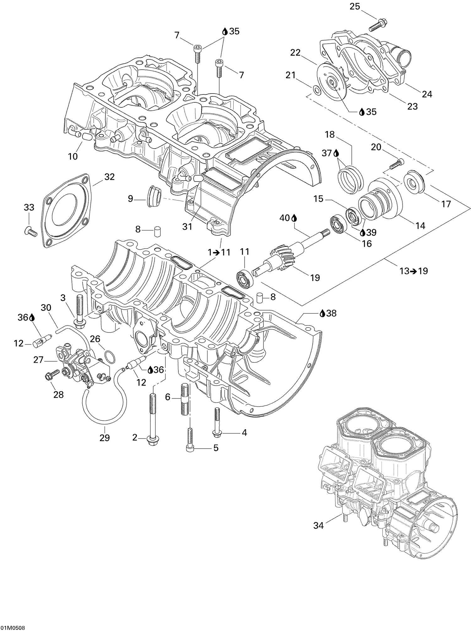 01- Crankcase, Water Pump And Oil Pump
