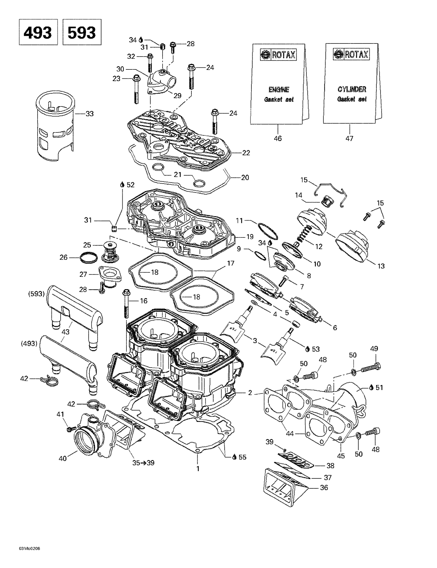 01- Cylinder, Exhaust Manifold, Reed Valve (493