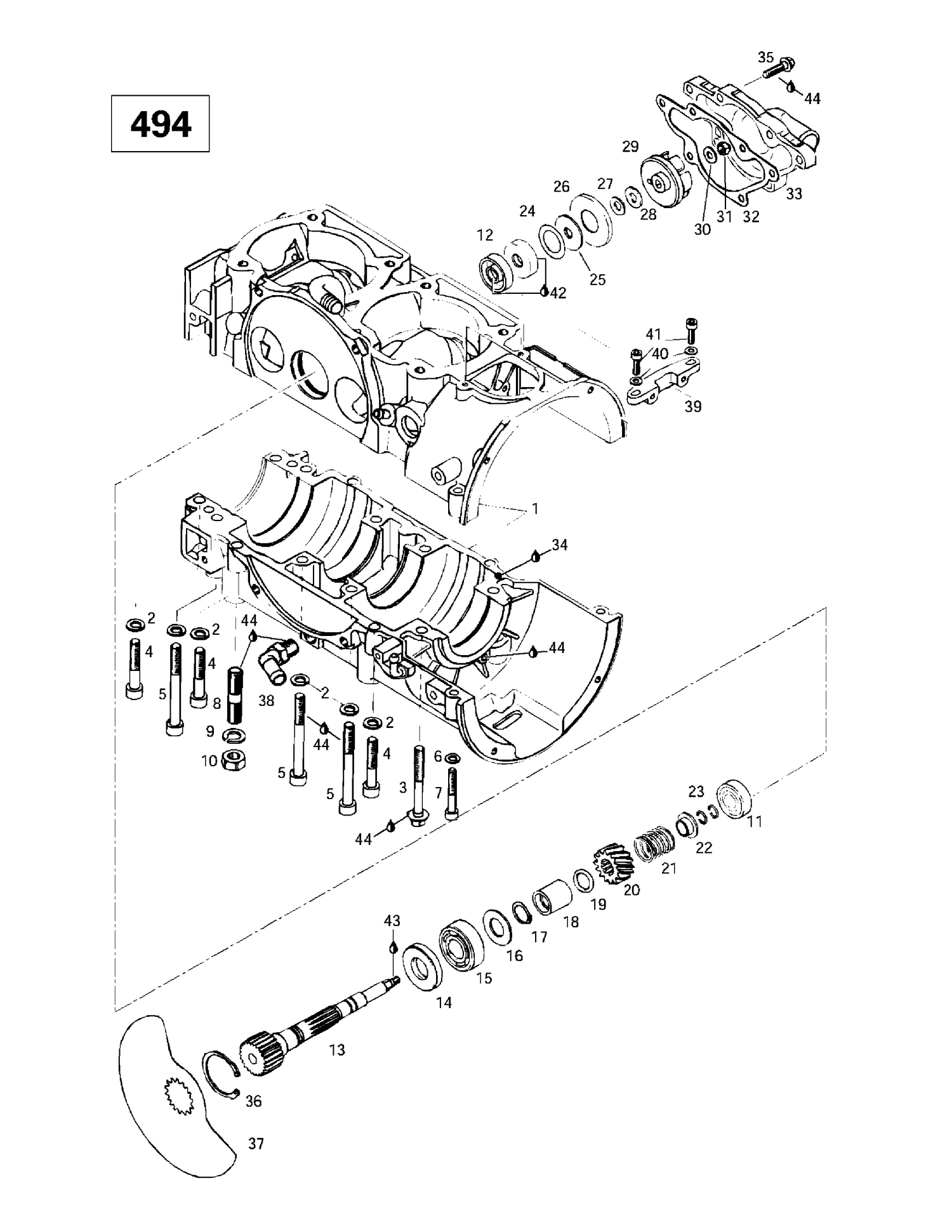 01- Crankcase, Rotary Valve, Water Pump (494)