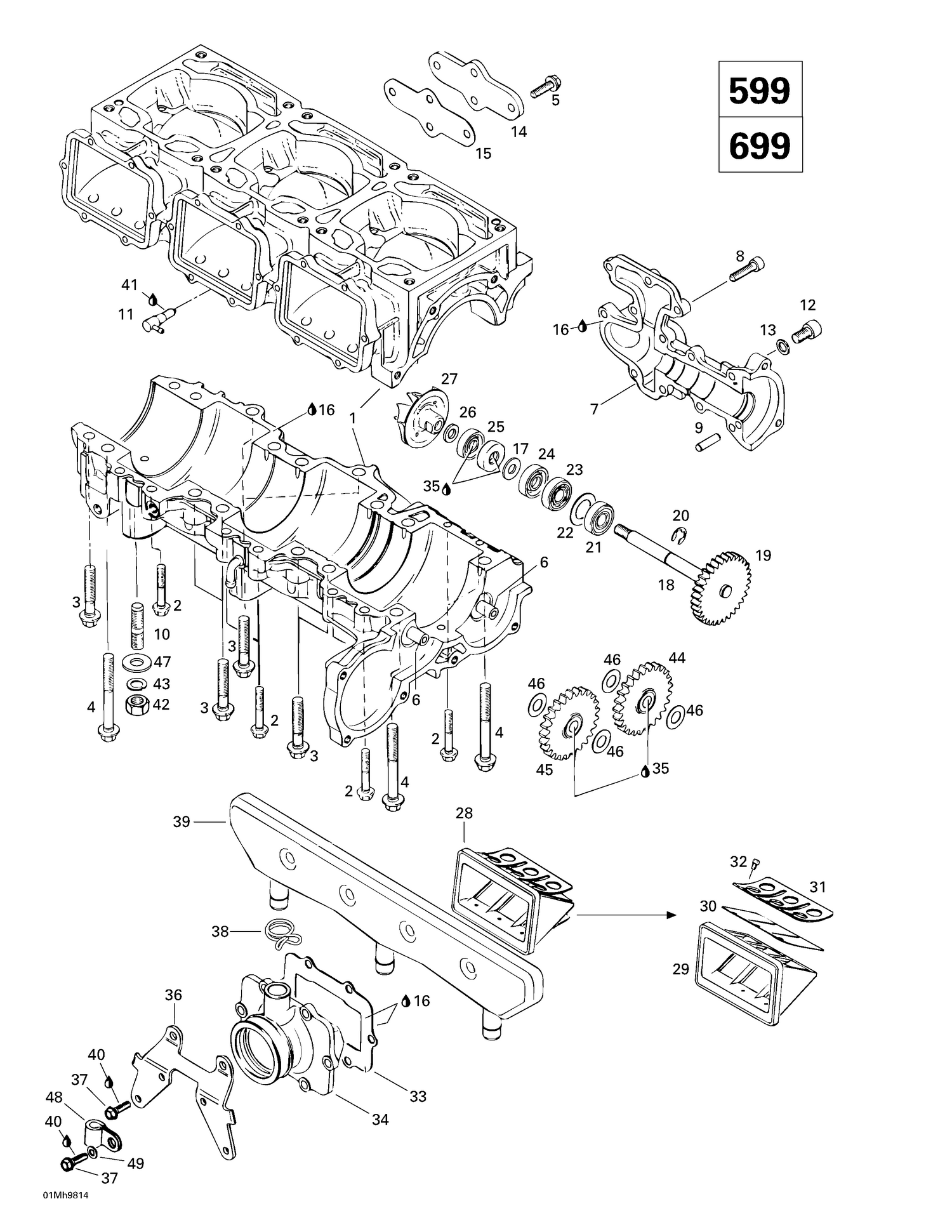 01- Crankcase, Reed Valve, Water Pump (599, 699)