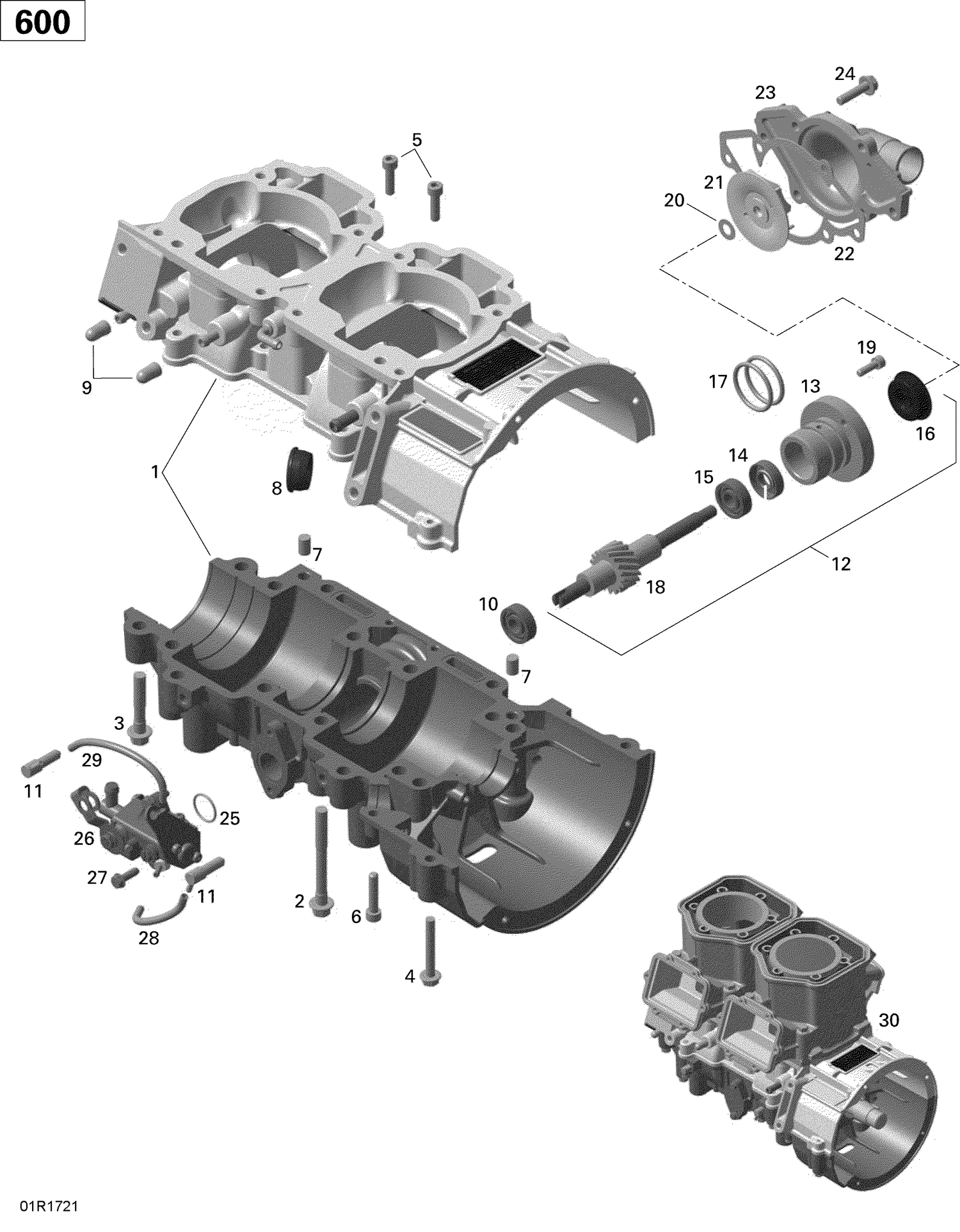 01- Crankcase, Water Pump and Oil Pump - 600 CARB