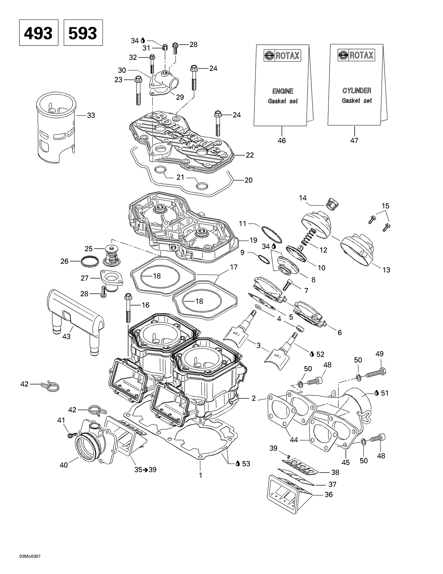 01- Cylinder, Exhaust Manifold, Reed Valve (493