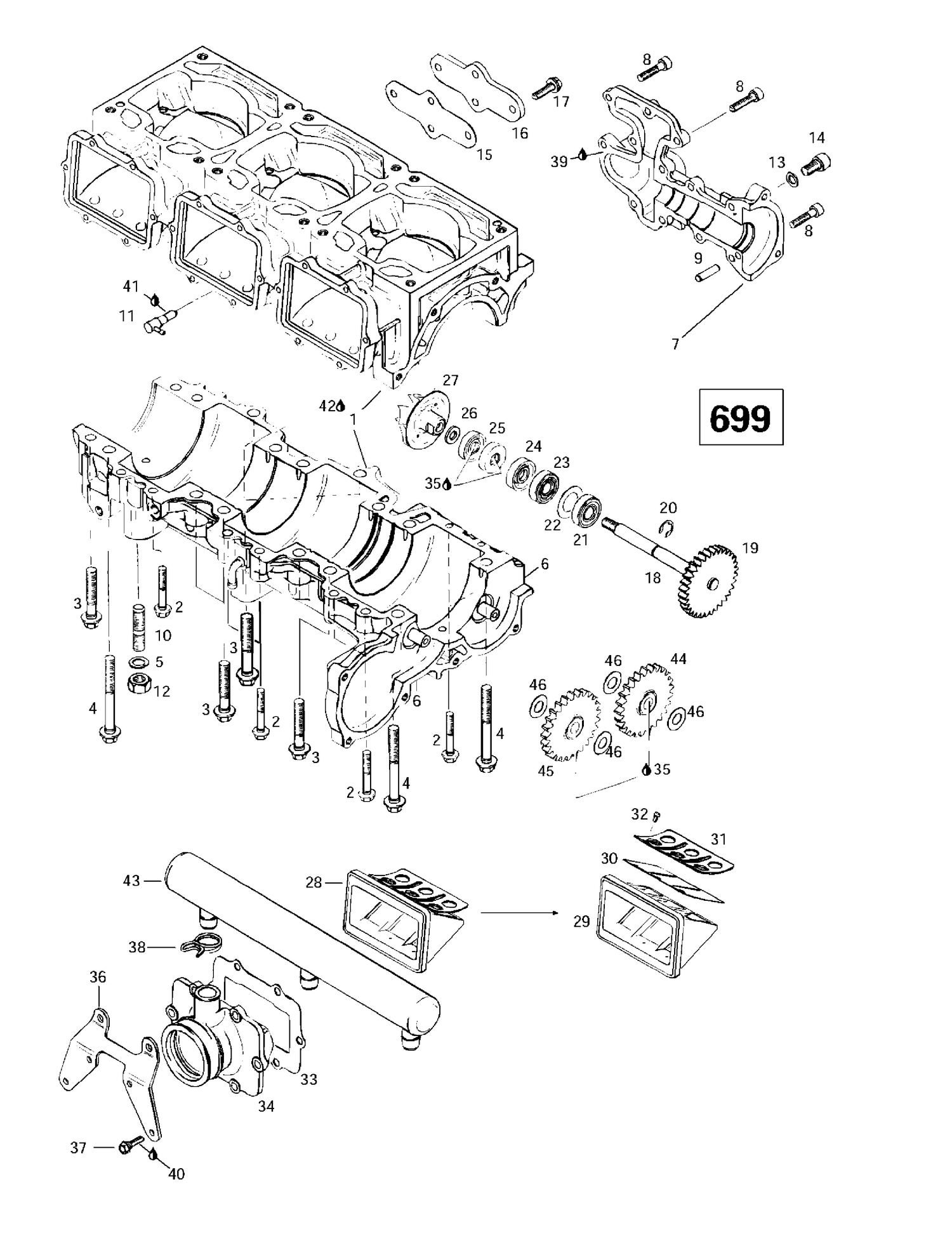 01- Crankcase, Reed Valve, Water Pump (699)