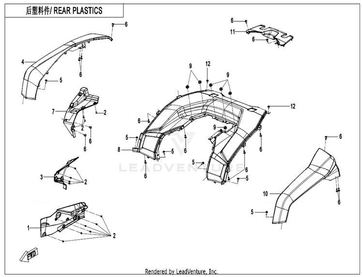 Rear Plastics CF600AU-3S CFORCE 600 2022 Force Red Schematic