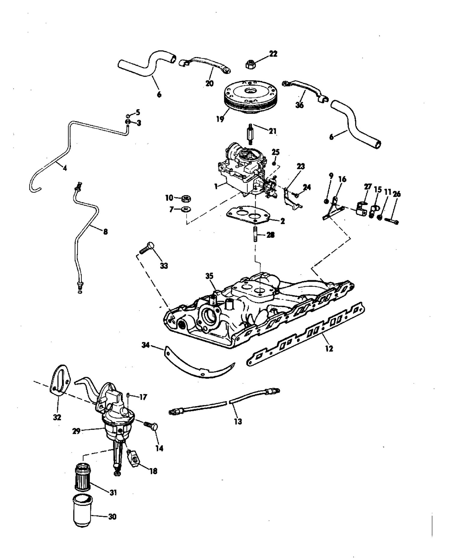 INTAKE MANIFOLD, FUEL PUMP AND CARBURETOR LINES 155 HP