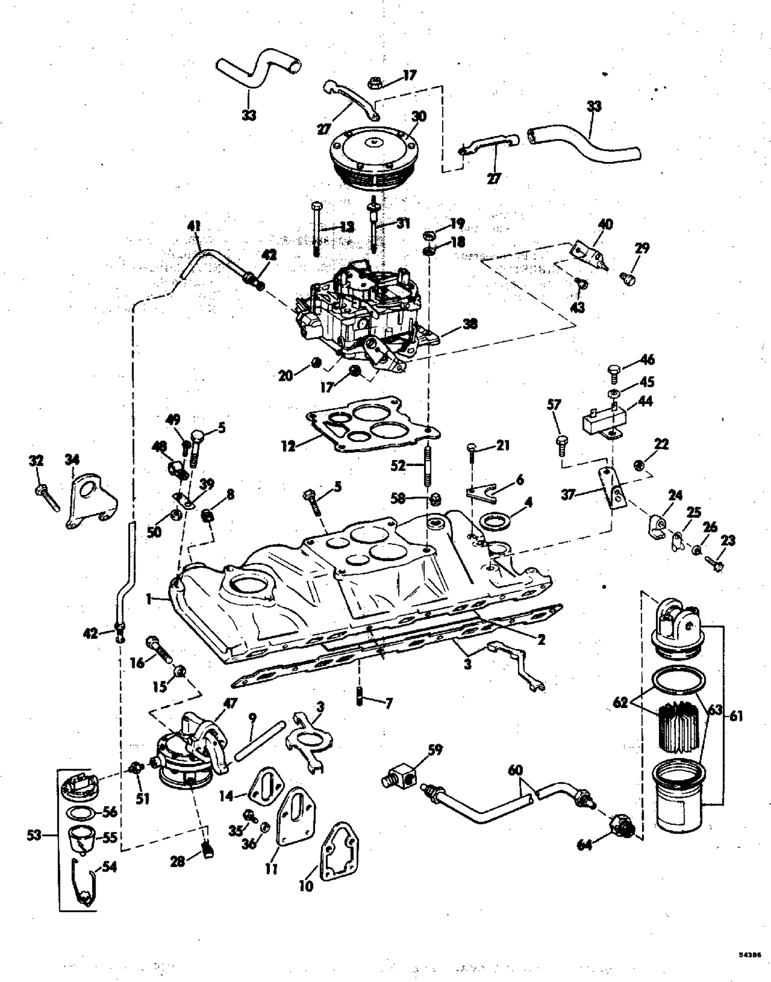 INTAKE MANIFOLD,FUEL PUMP AND CARBURETOR LINES 225 HP