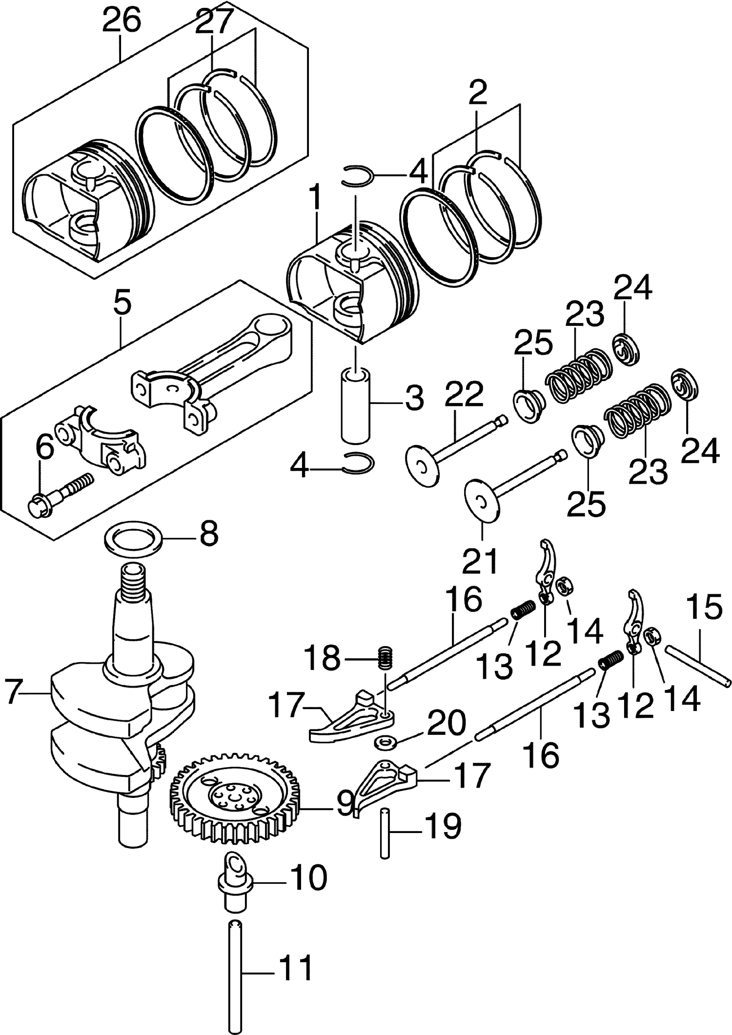 CRANKSHAFT, PISTONS, CAMSHAFT