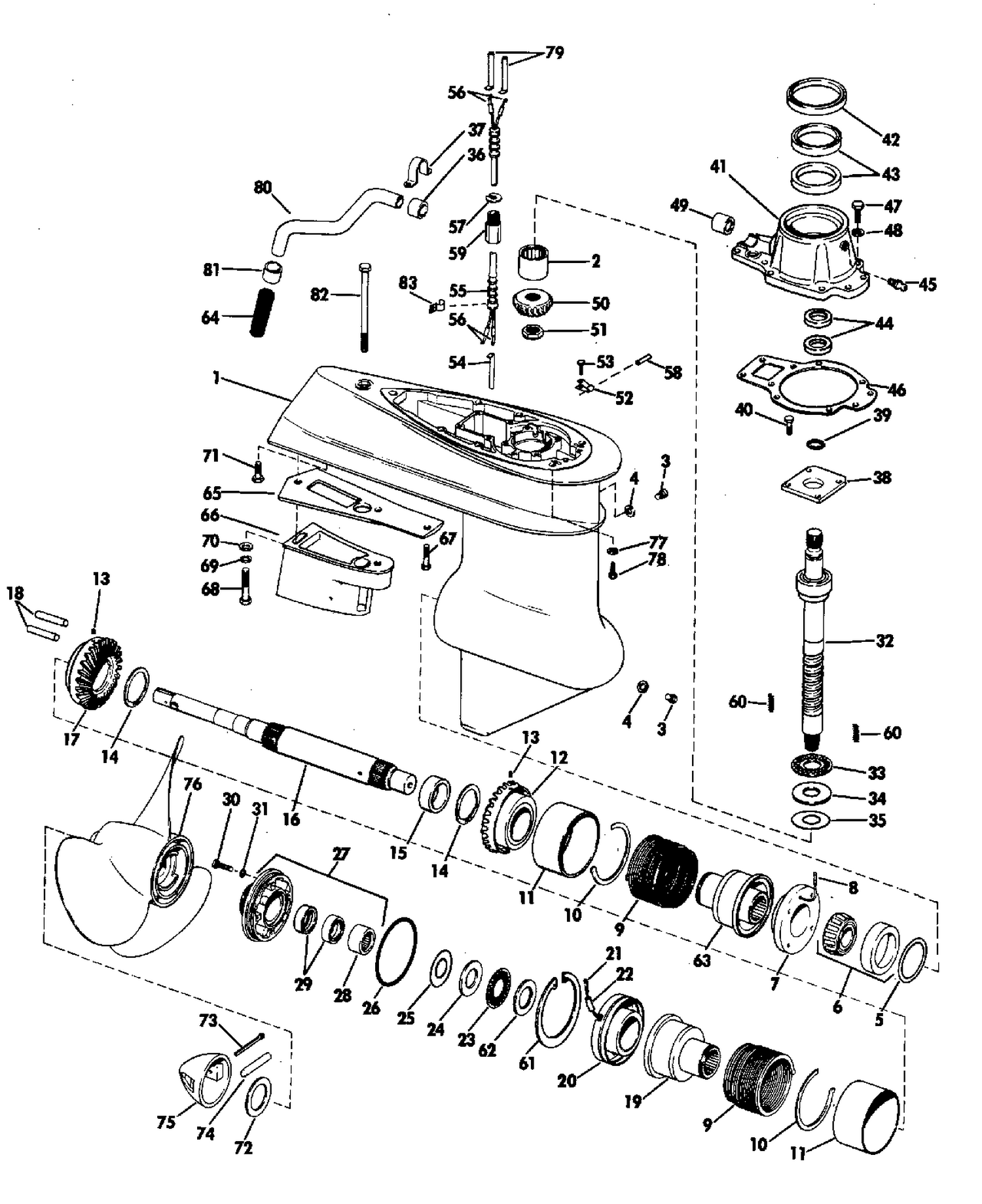 LOWER GEARCASE GROUP 100,120,155,165,225&245 HP STERN DRIVE