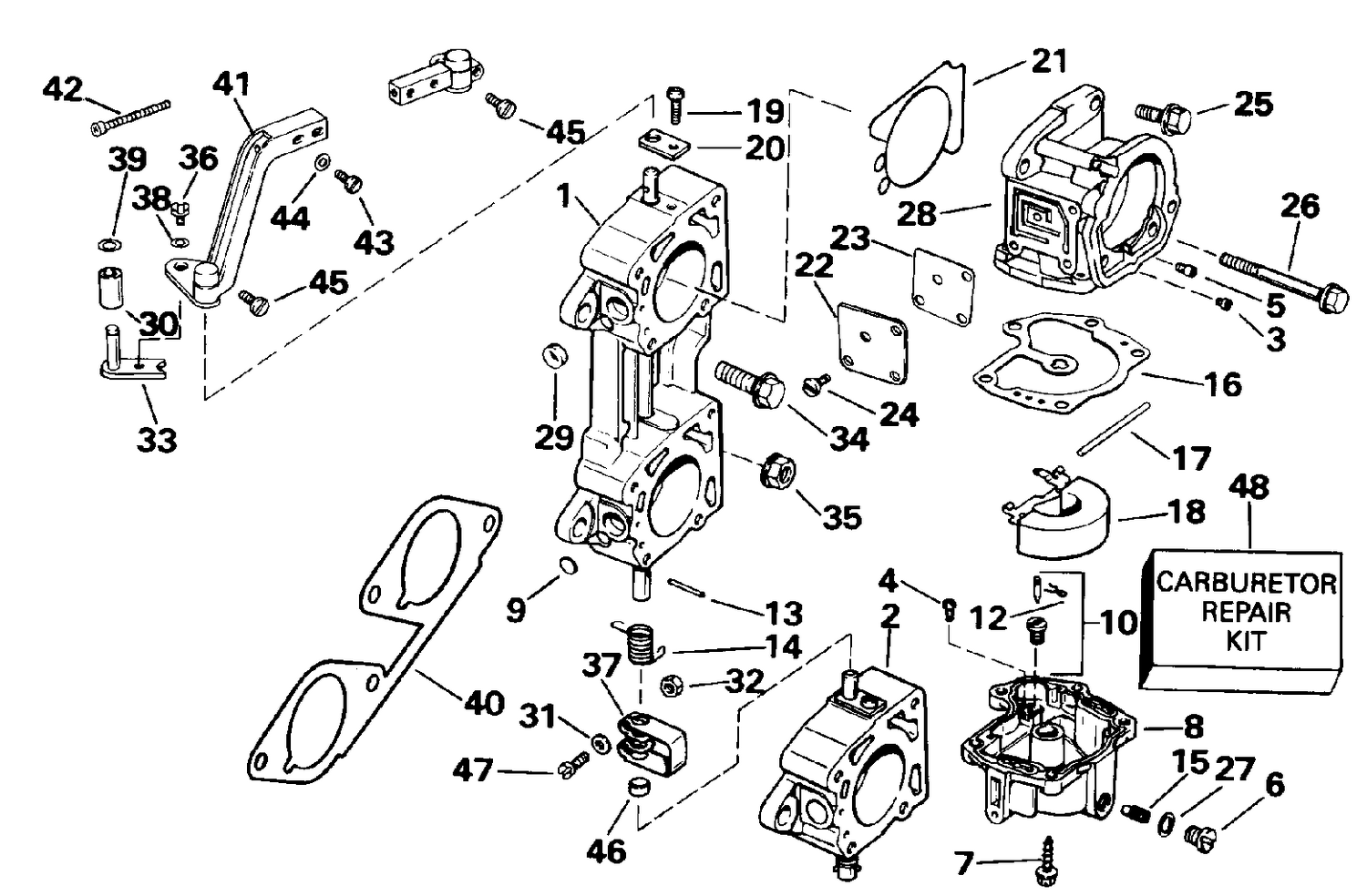 CARBURETOR AND LINKAGE - 200STL, 225 20" TRANSOM ONLY
