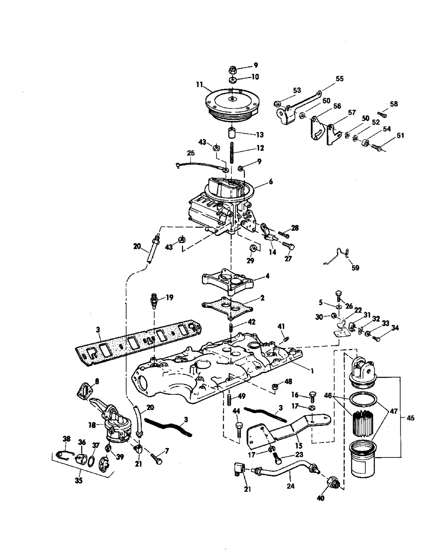 INTAKE MANIFOLD, FUEL PUMP, AND CARBURETOR LINES 240 HP