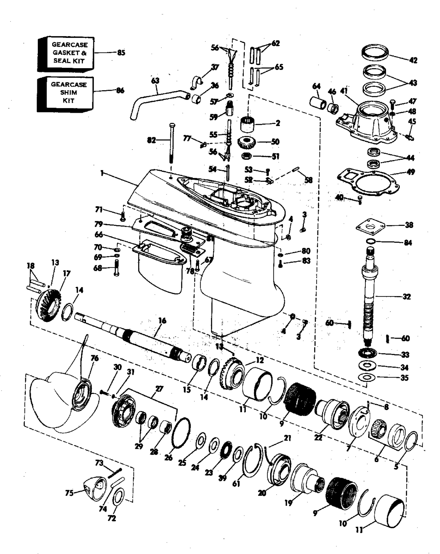 LOWER GEARCASE GROUP 120,140,175,190,235 HP STERN DRIVE