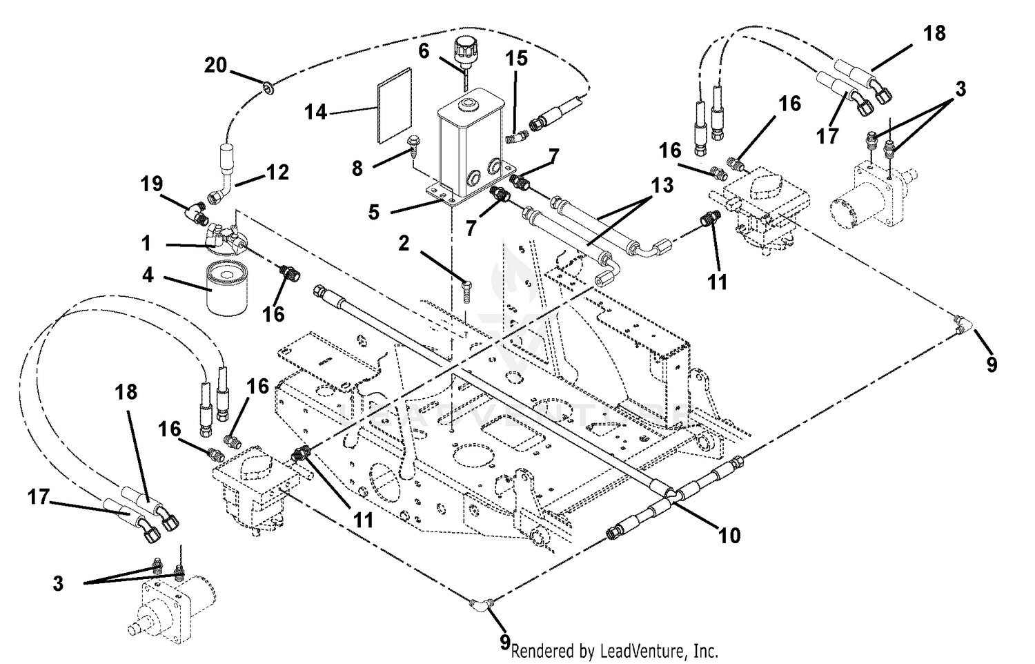 Hydraulic Tank, Filter, Motors And Pump To Tank Circuit