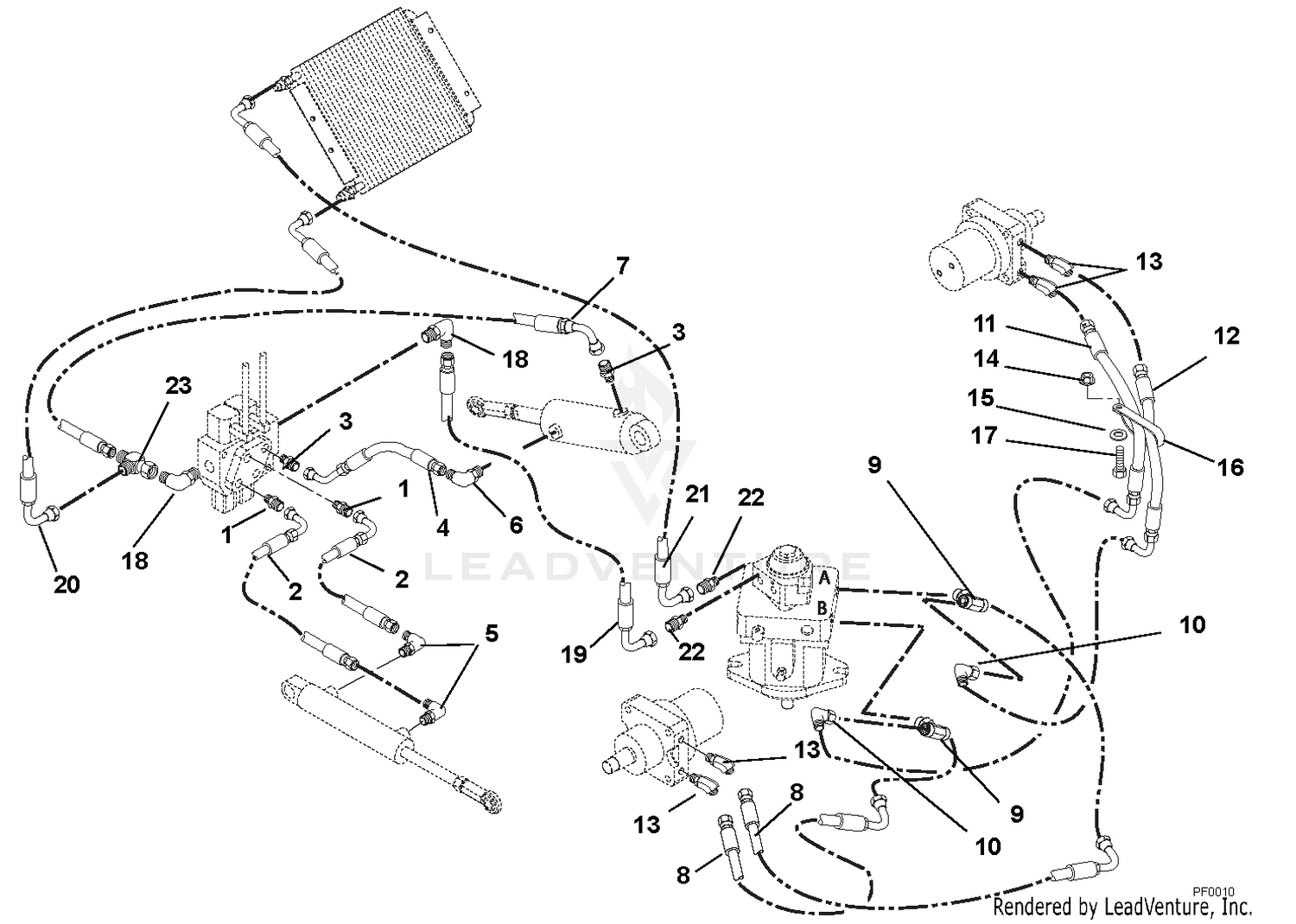 Pump to Lift cylinder, Motors, Valve, and Oil Cooler