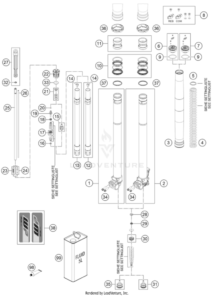 Front Fork Disassembled 701 ENDURO US CHASSIS - 2024 Schematic