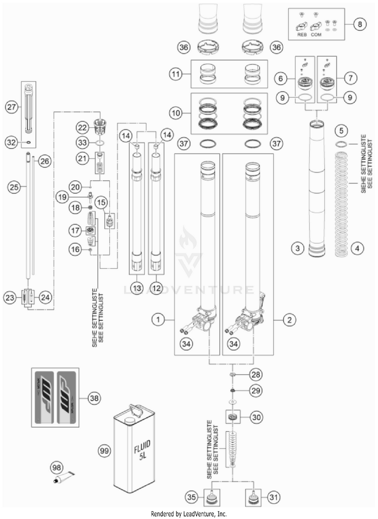 Front Fork Disassembled 701 ENDURO CHASSIS - 2023 Schematic