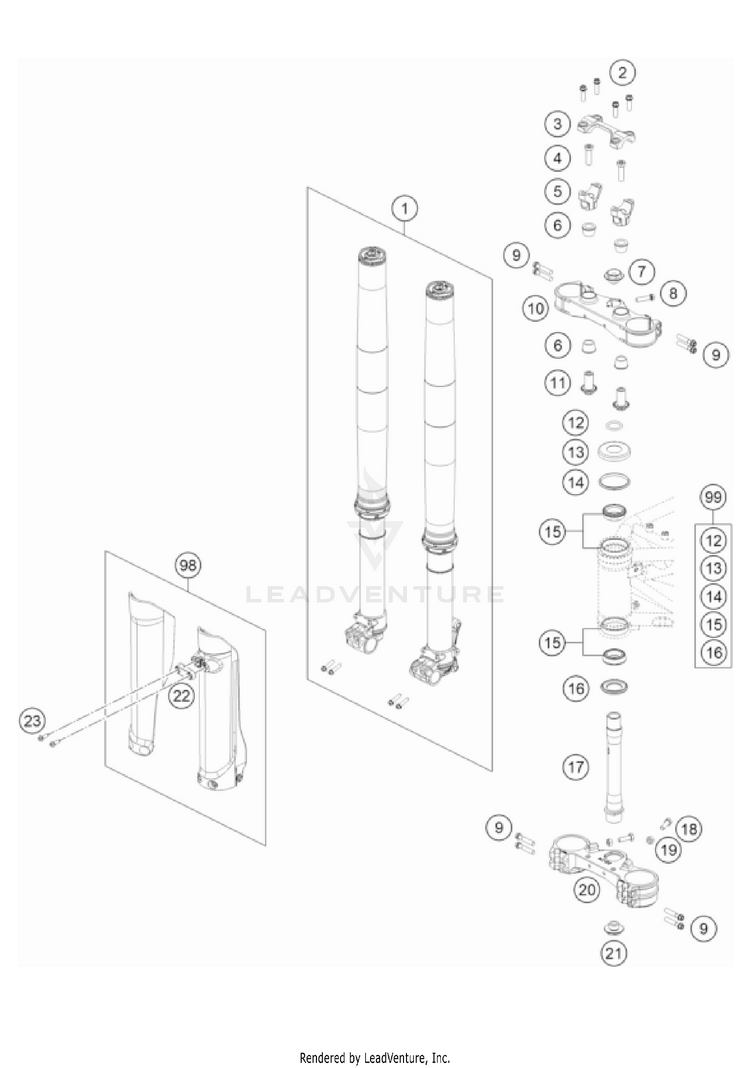 Front Fork, Triple Clamp 701 ENDURO US CHASSIS - 2022 Schematic