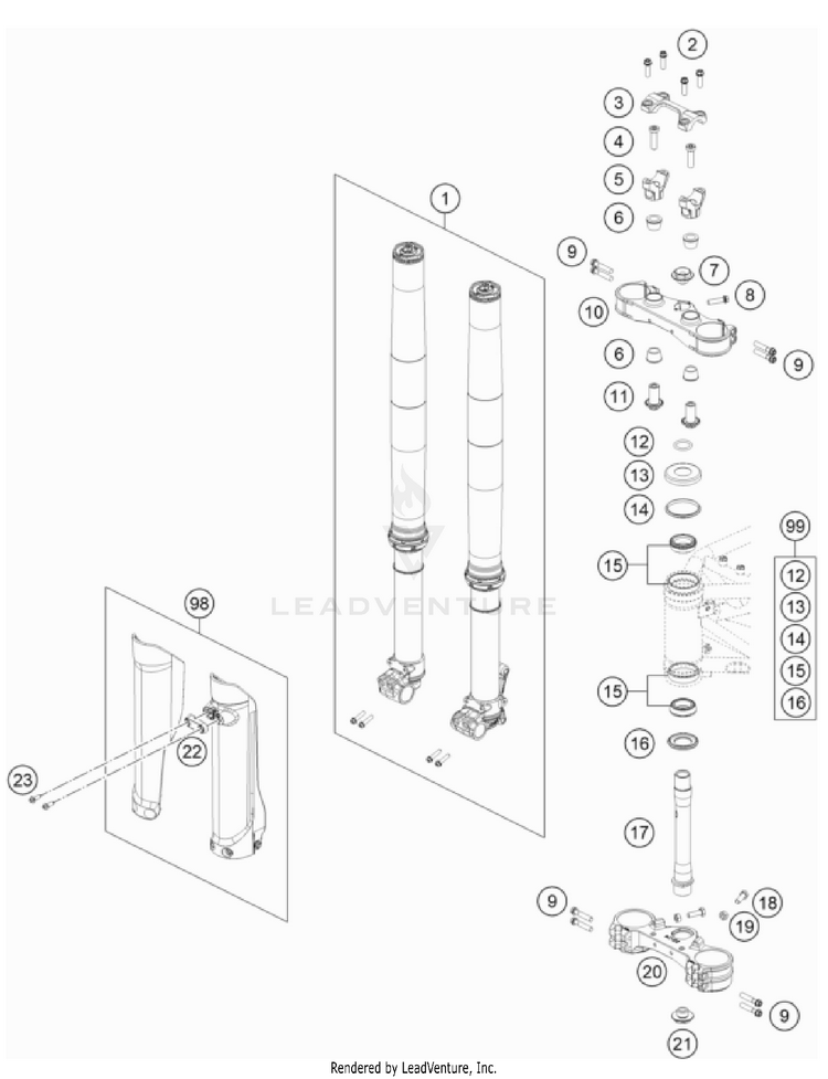 Front Fork, Triple Clamp 701 ENDURO CHASSIS - 2023 Schematic