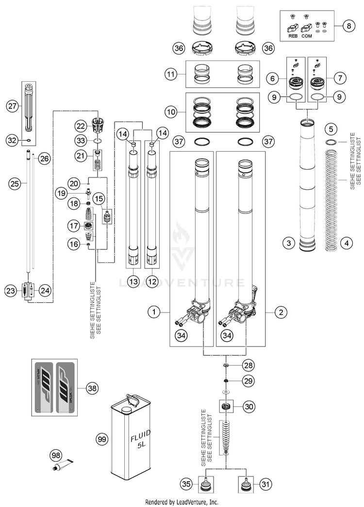 Front Fork Disassembled 701 ENDURO CHASSIS - 2021 Schematic