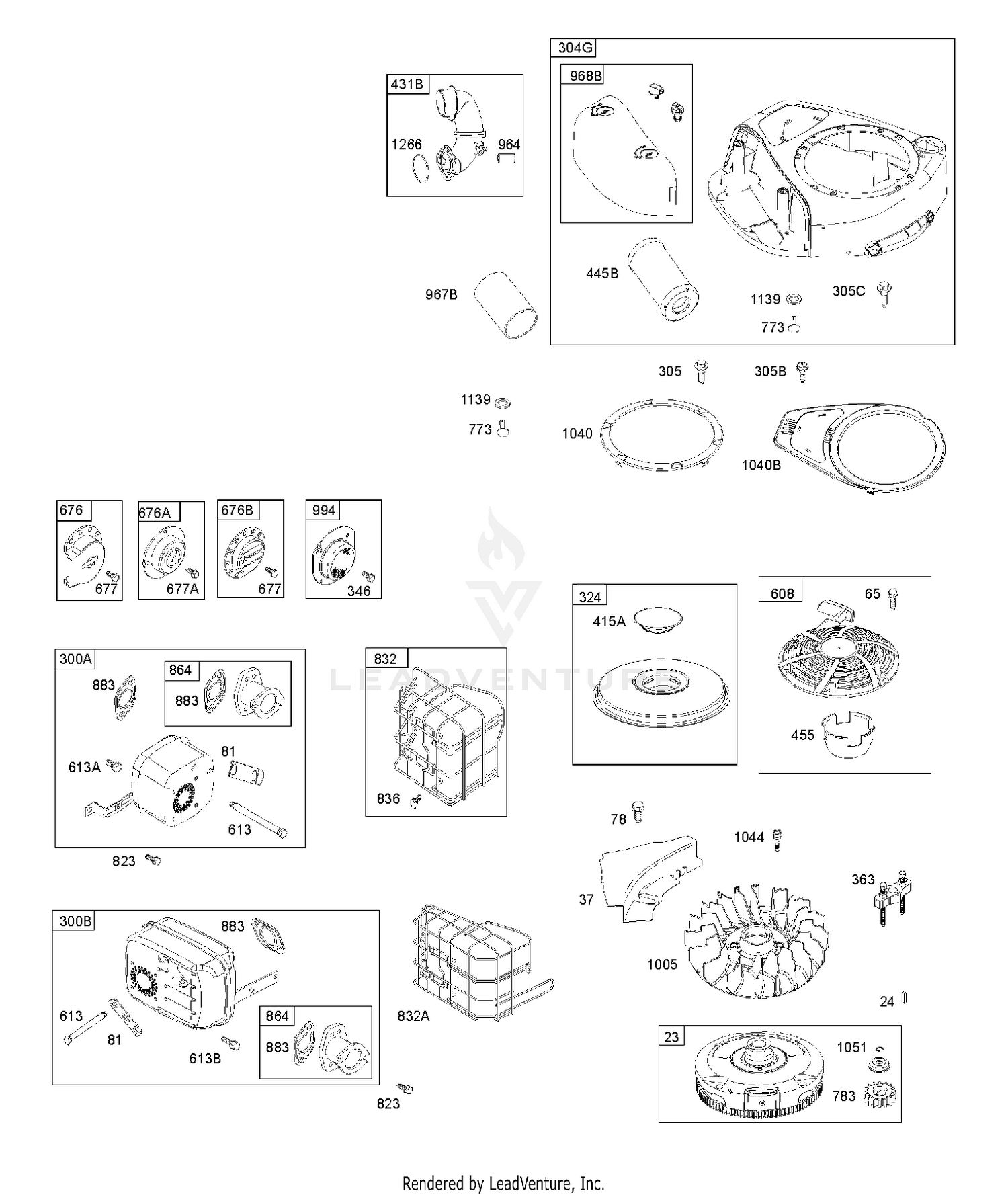 AIR CLEANER, BLOWER HOUSING, TRIM RNG, EXHAUST SYSTEM, FLYWHEEL