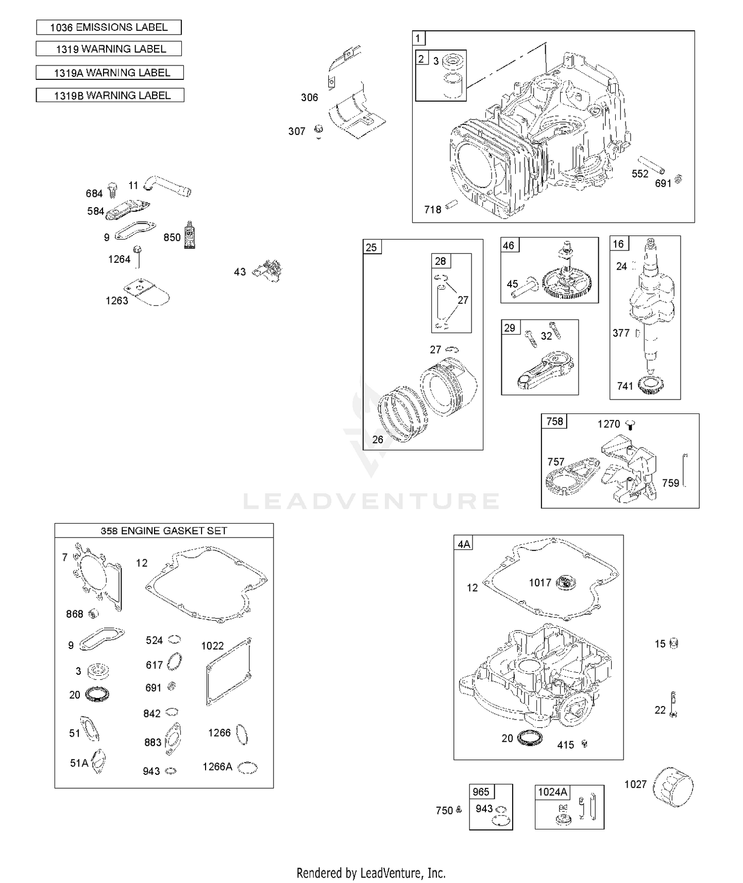 CAMSHAFT, CRANKSHAFT, CYLINDER, ENGINE SUMP, GASKET SET-ENGINE, LUBRICATION, PISTON, RINGS, AND CONNECTING ROD, WARNING LABEL 6