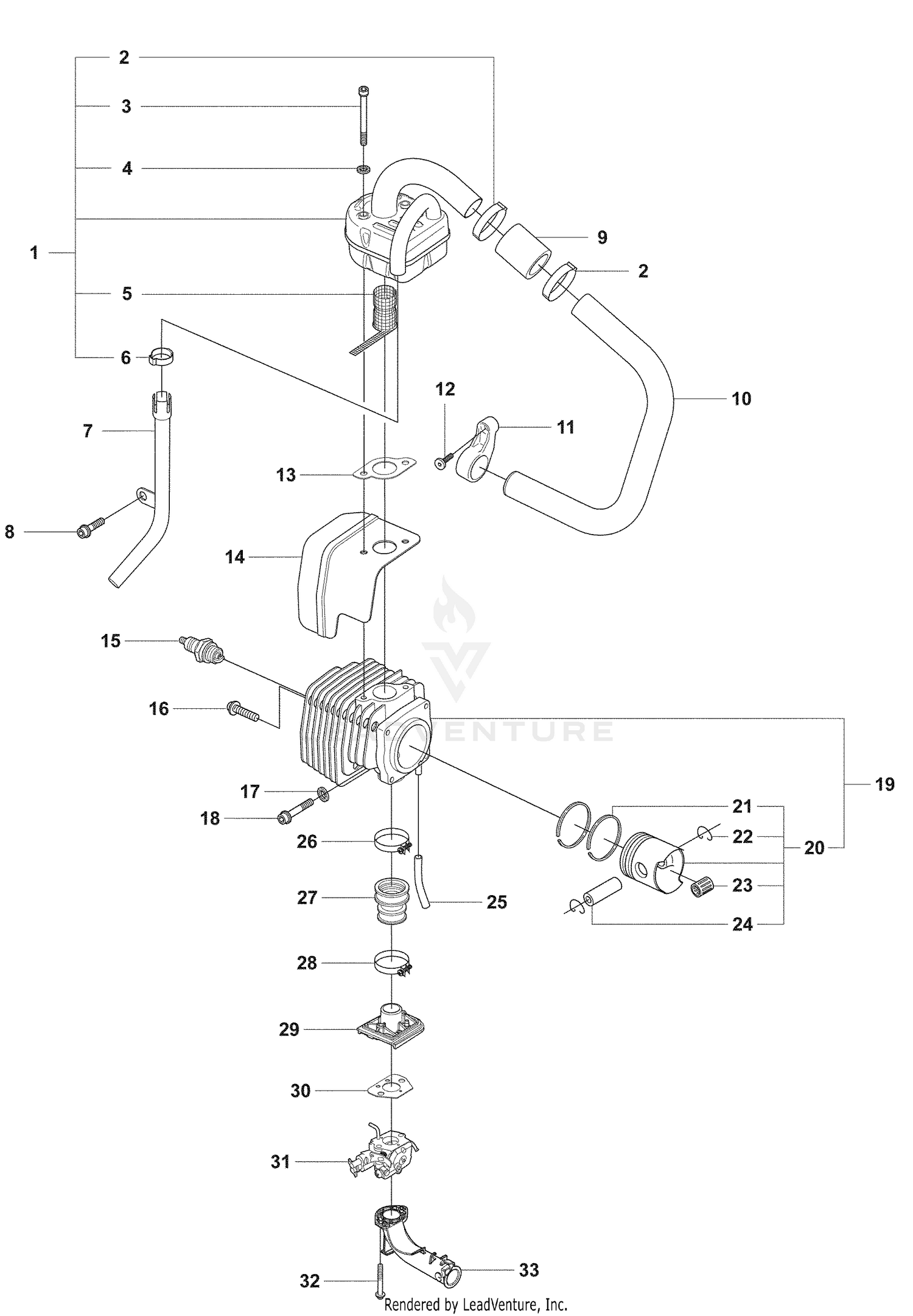 Muffler, Cylinder, Piston and Carburetor, Intake