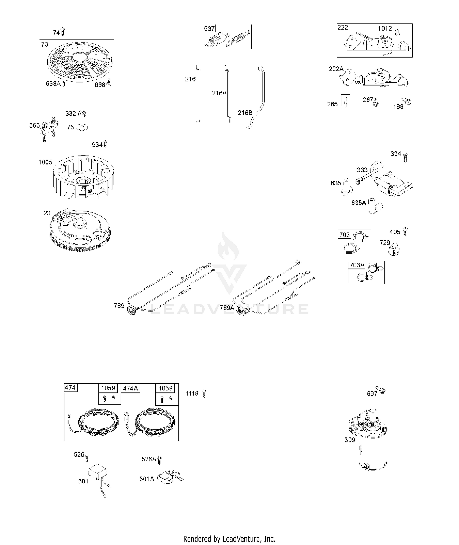 FLYWHEEL, ALTERNATOR, STARTER, WIRE HARNESS
