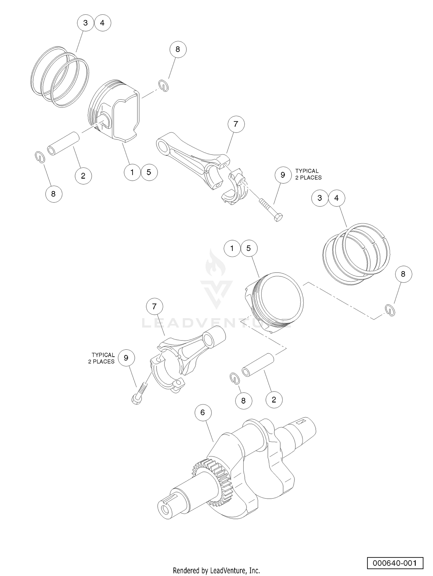 Pistons and Crankshaft (Kawasaki FH680D Gasoline Engine)