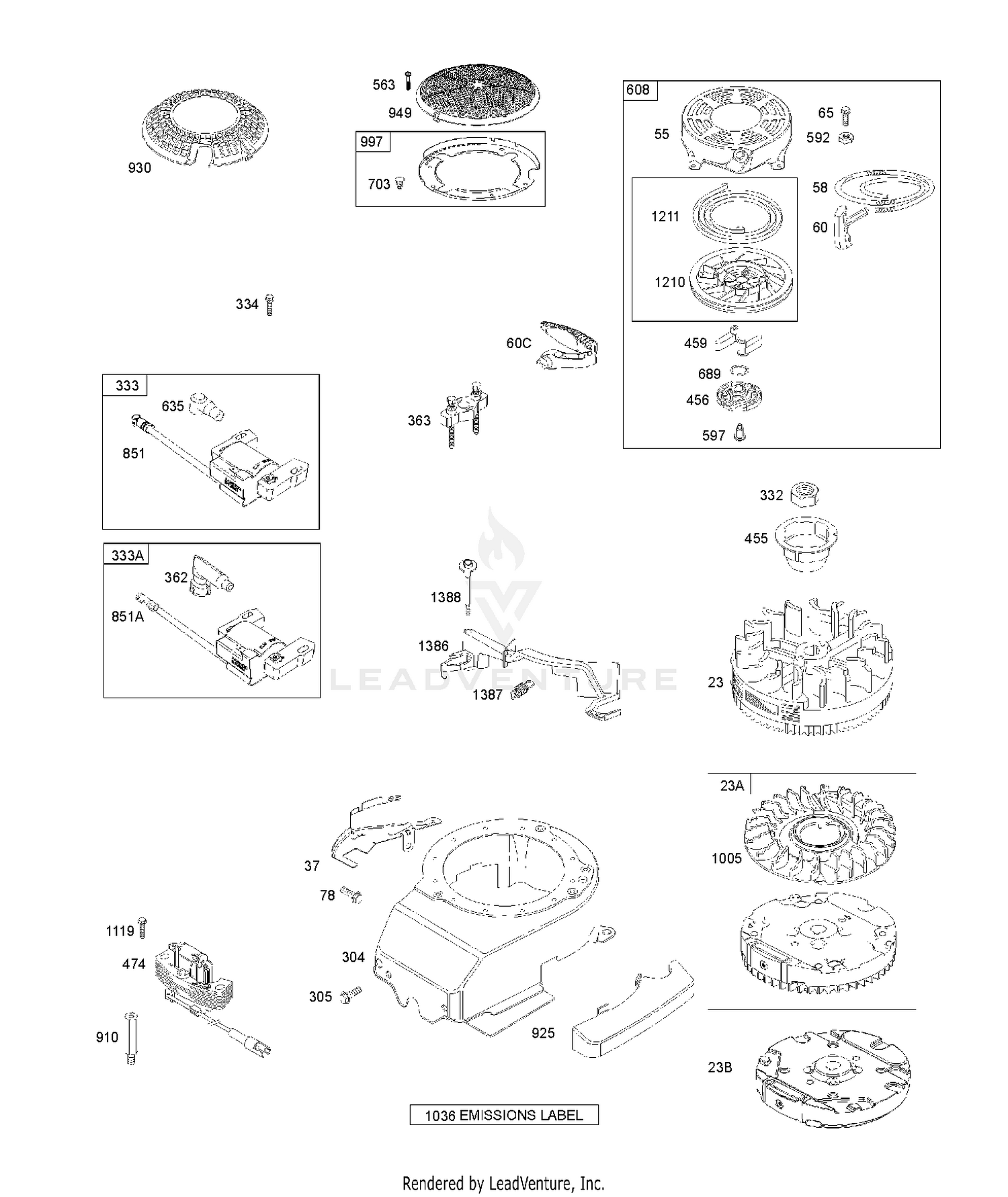 BLOWER HOUSING, FLYWHEEL, IGNITION, REWIND STARTER