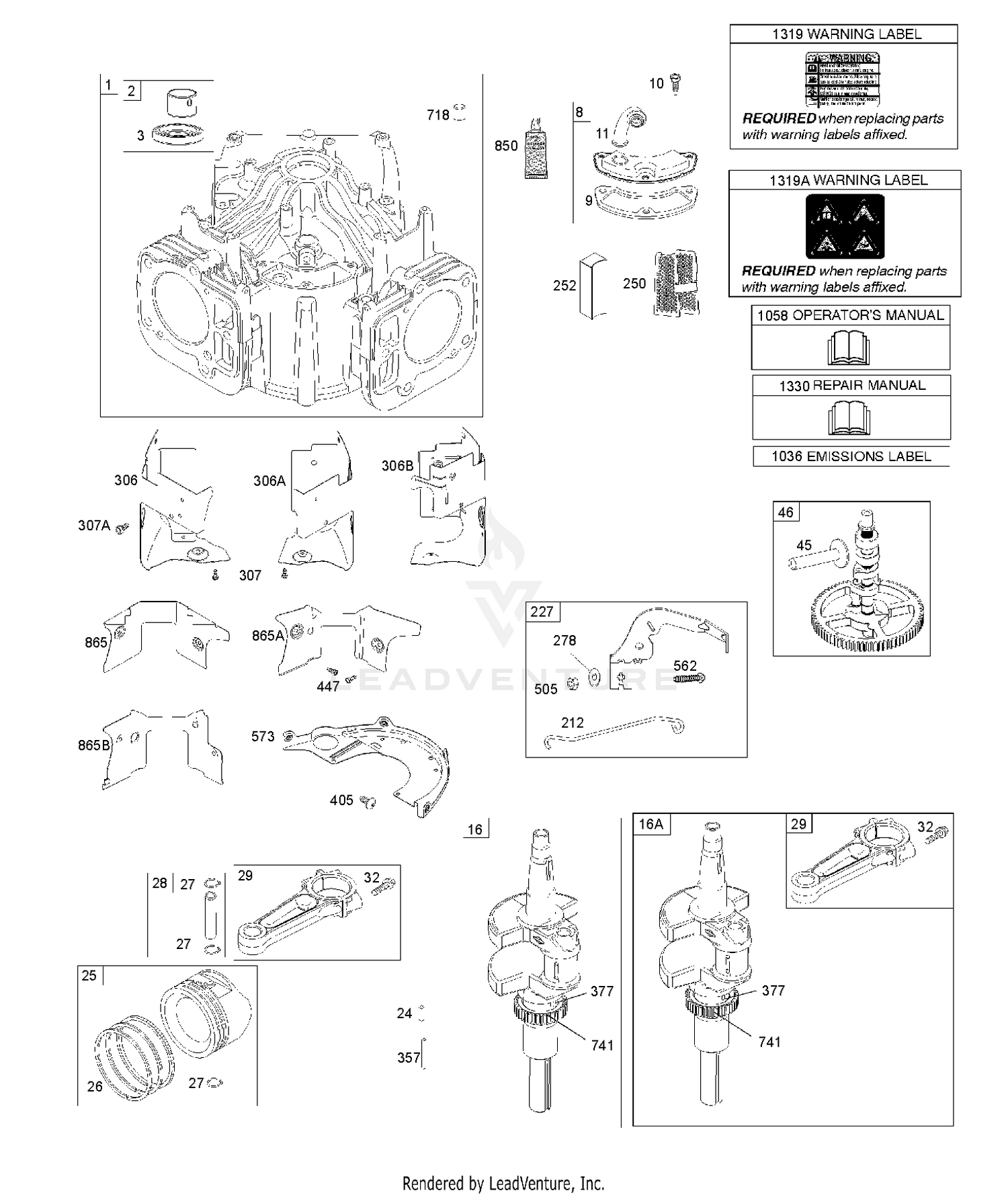 CYLINDER, CRANKSHAFT, CAMSHAFT, AIR GUIDES, PISTON, RINGS, CONNECTING ROD
